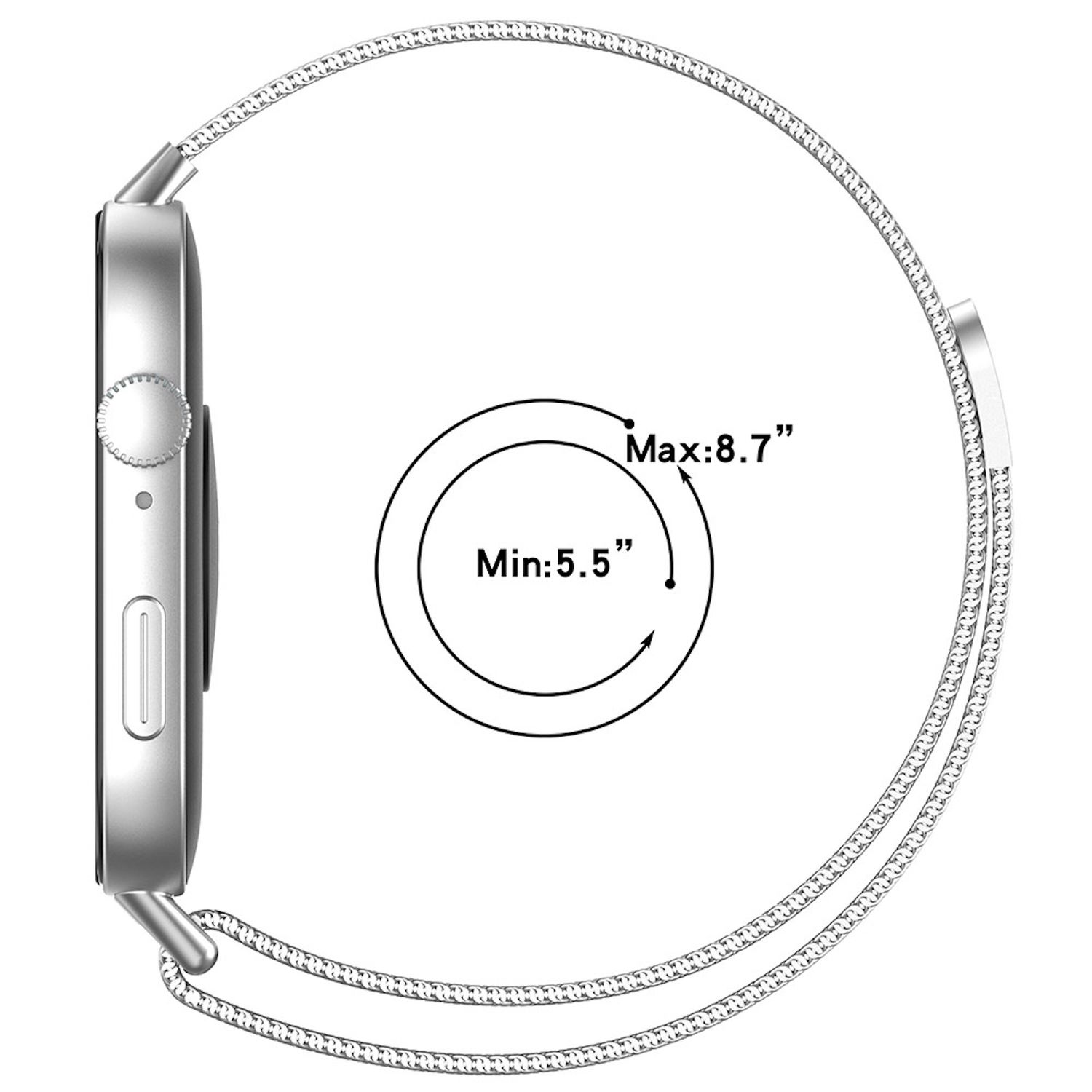 Silberne Smartwatch mit silbernem Mesh-Armband. Zeigt den Handgelenkgrößenbereich. Weißer Hintergrund.