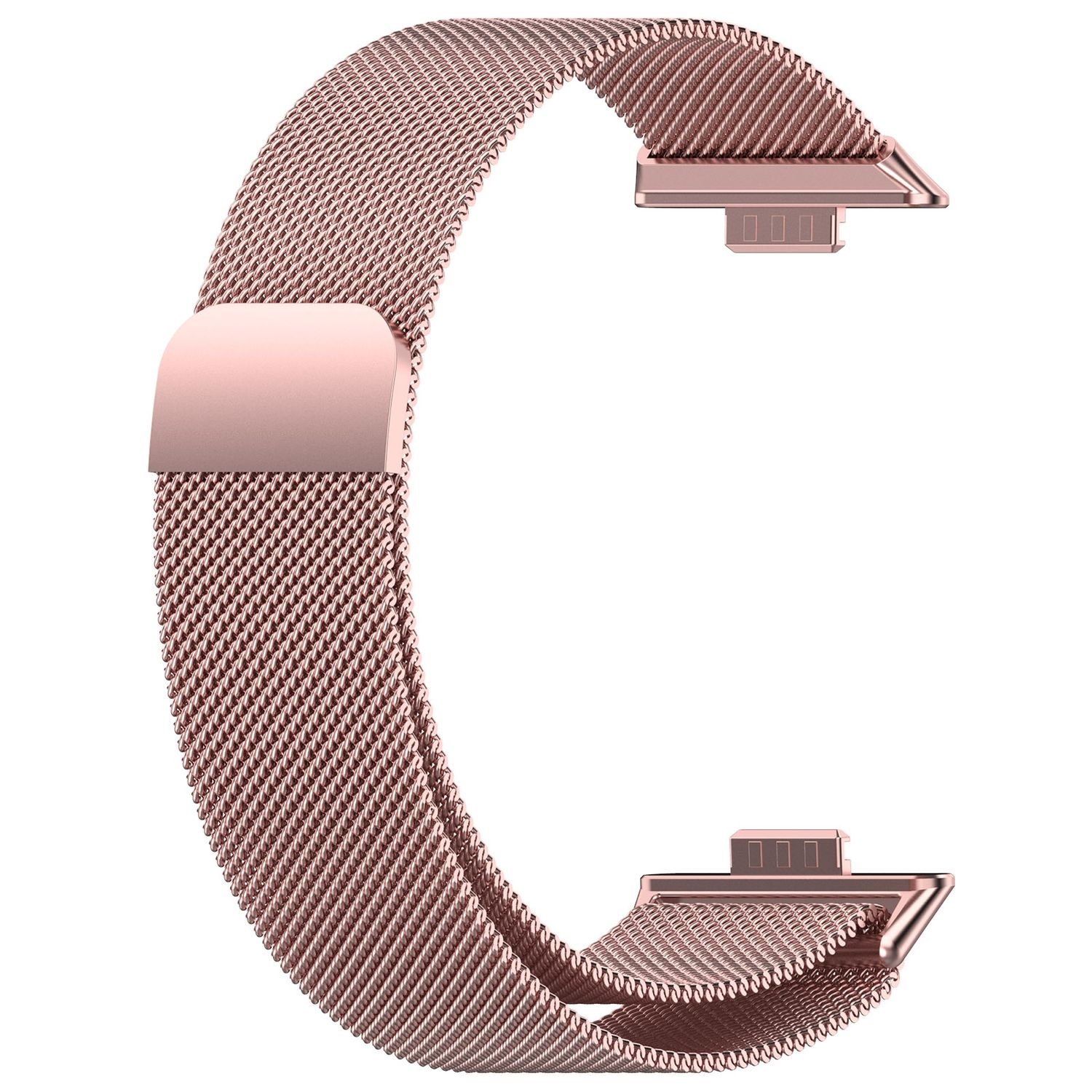Roségoldenes Uhrenarmband. Es hat ein Mesh-Design und einen Verschluss.