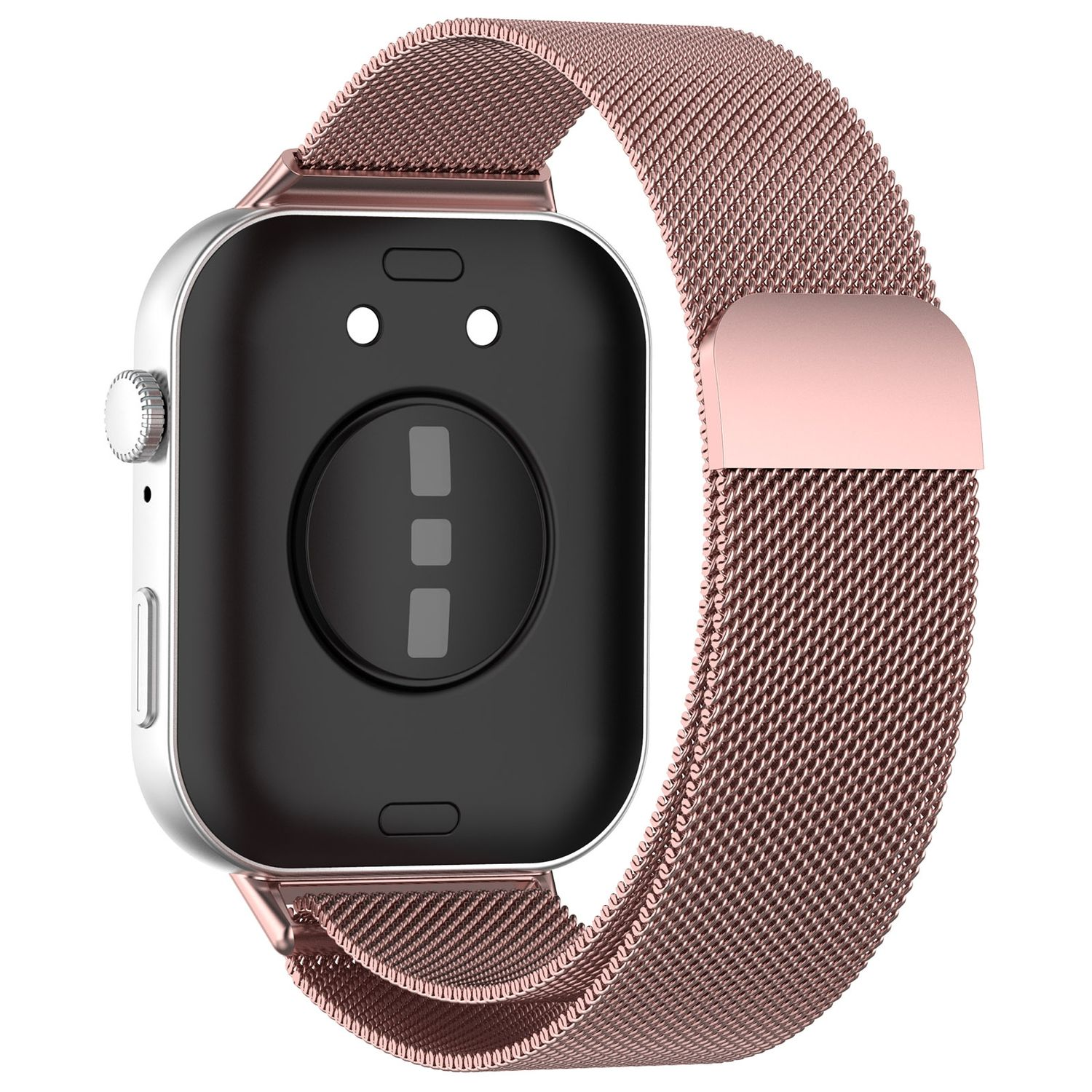 Eine roségoldene Smartwatch mit Mesh-Armband auf weißem Hintergrund.