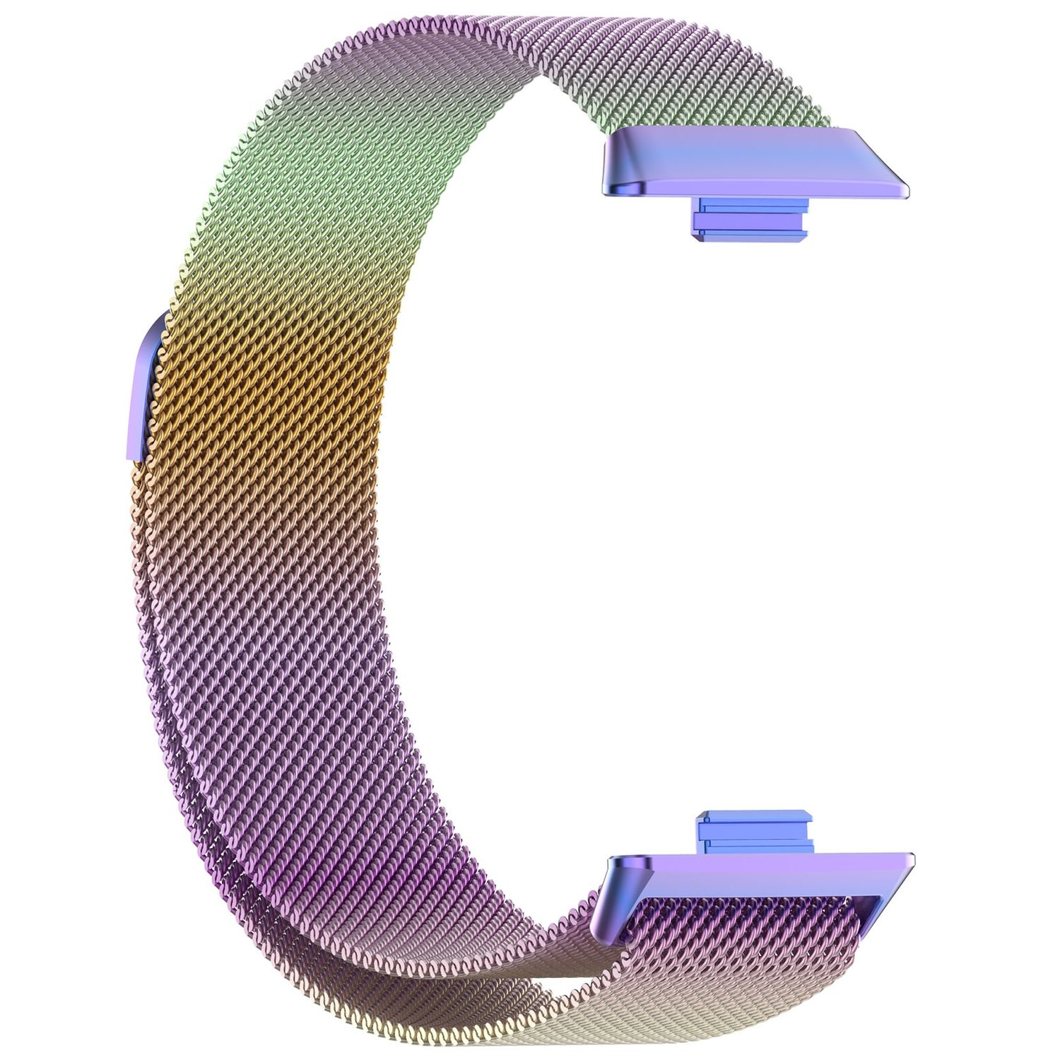 Ein farbenfrohes Uhrenarmband mit einem Farbverlauf aus Gelb, Grün und Lila.