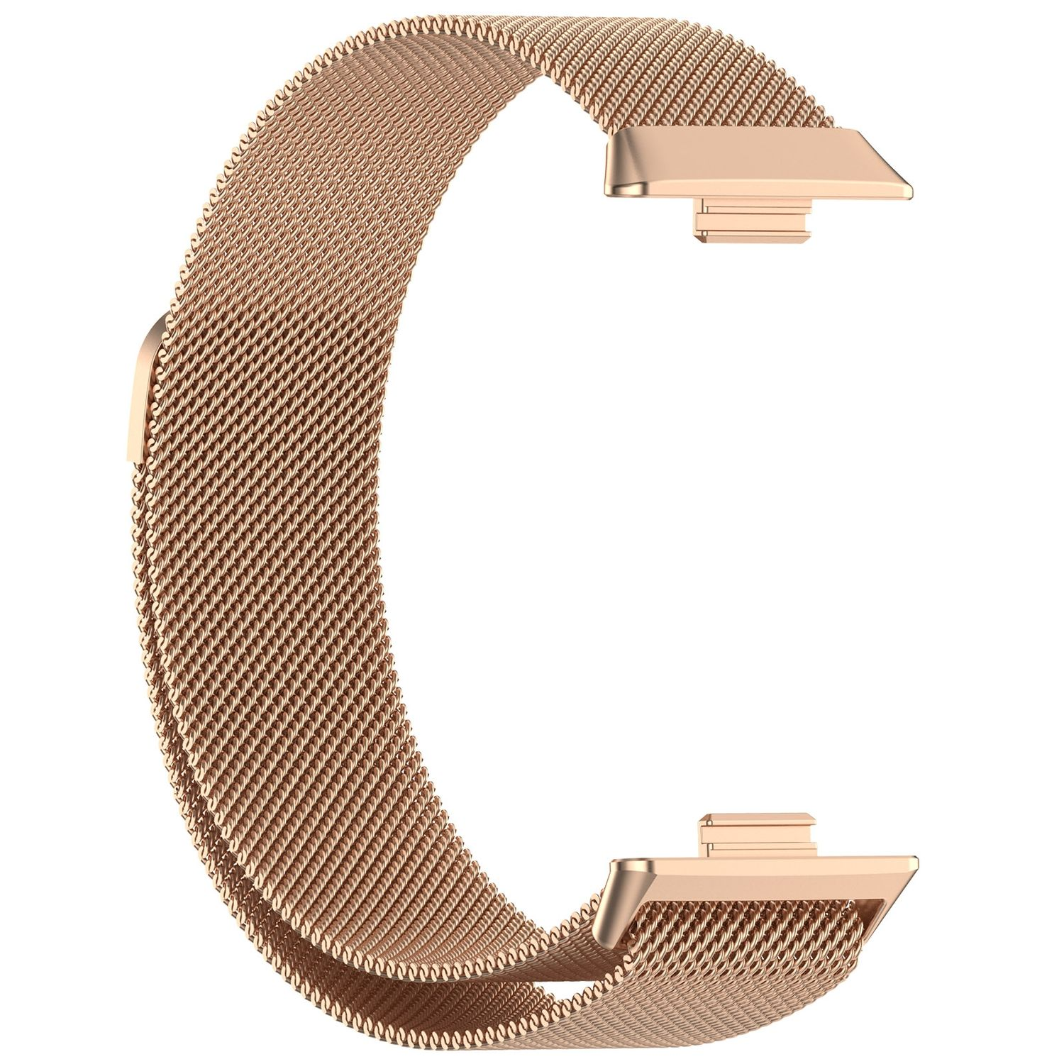 Roségoldenes Metall-Mesh-Uhrenarmband, C-förmig mit Anschlüssen an jedem Ende.