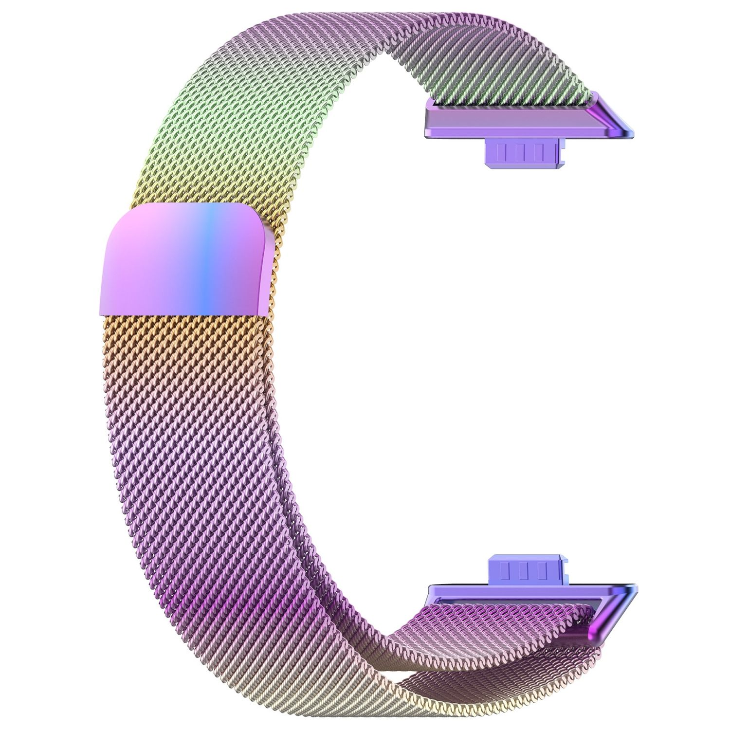 Ein Uhrenarmband mit Magnetverschluss. Das Band besteht aus metallischem, schillerndem Material.