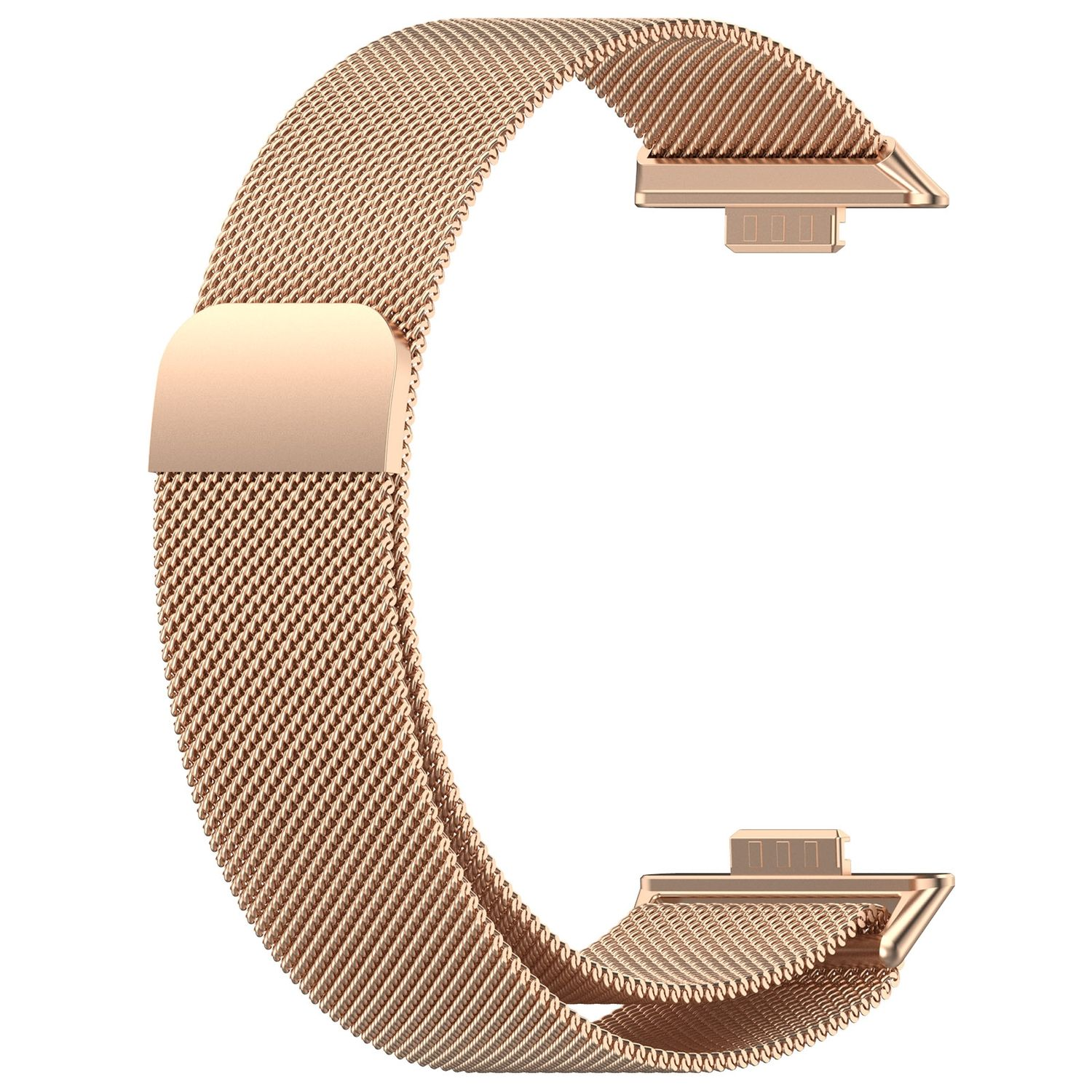 Roségoldenes Smartwatch-Armband, Metallgewebe, C-förmig mit Anschlüssen an jedem Ende. Nahaufnahme.