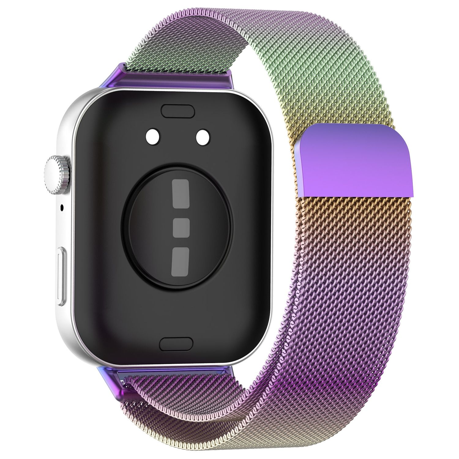 Eine silberne Smartwatch mit buntem Farbverlauf, von hinten betrachtet. Das Armband hat einen Magnetverschluss.