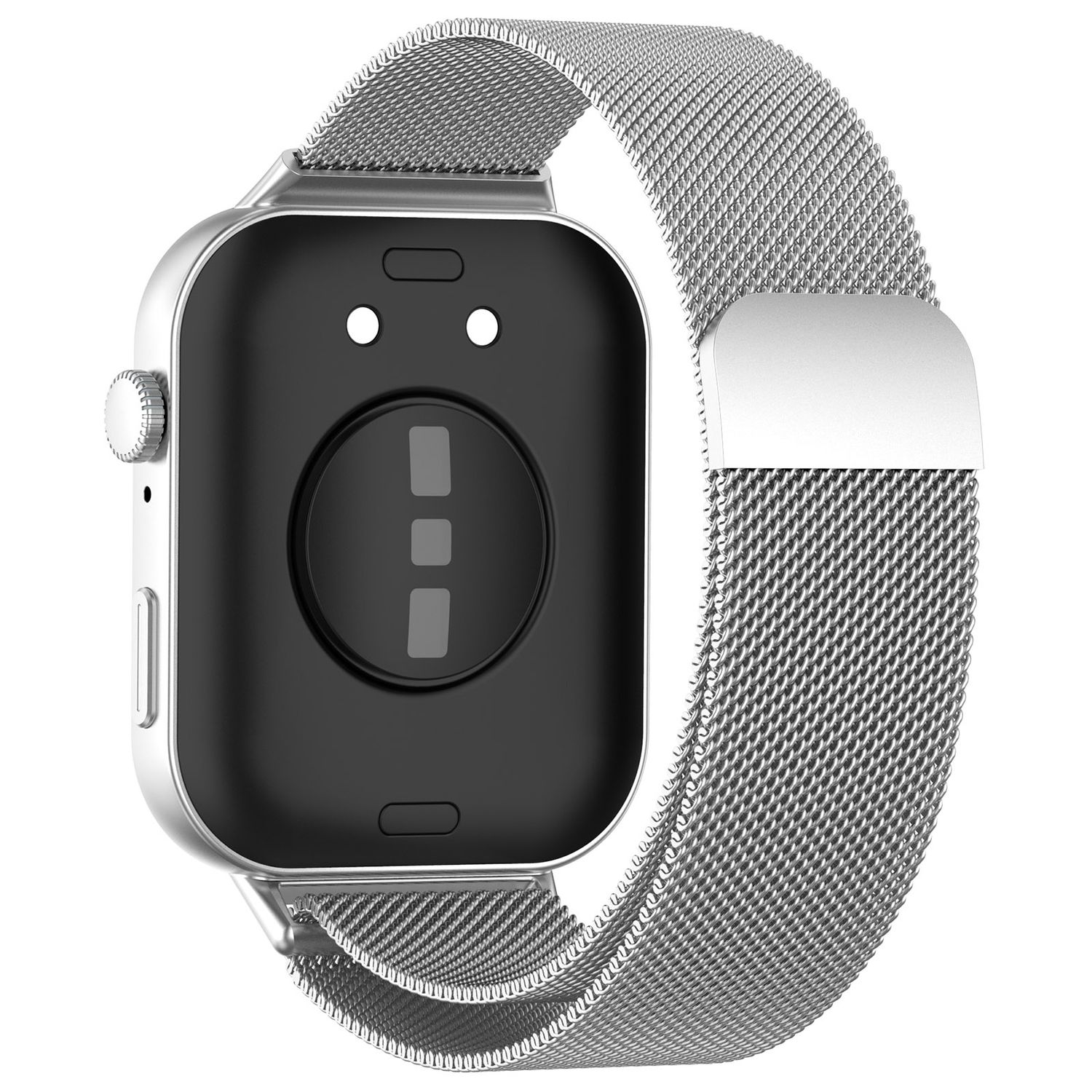 Silberne Smartwatch mit Mesh-Armband. Die Rückseite zeigt einen Herzfrequenzsensor und Kontakte.