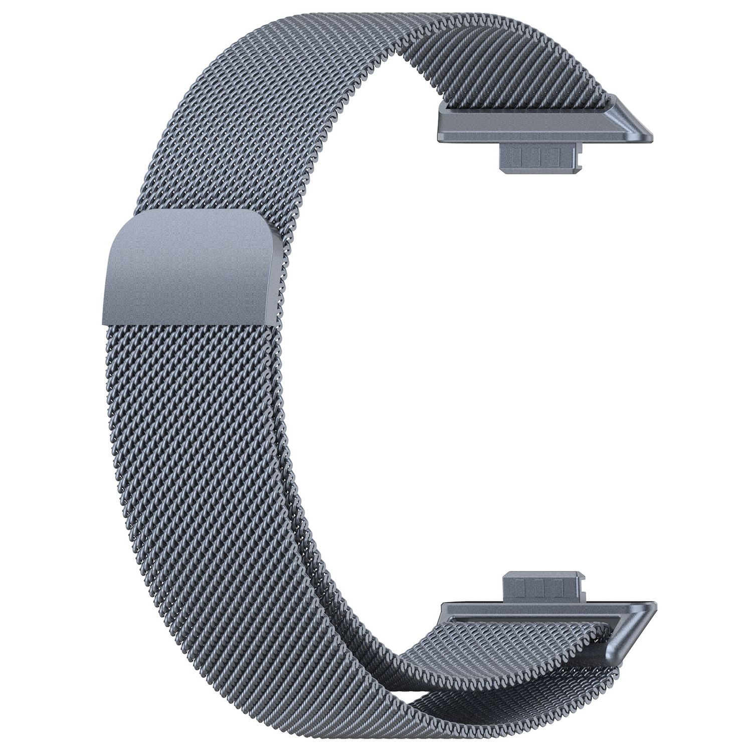 Ein silbernes Mesh-Uhrenarmband mit Magnetverschluss.
