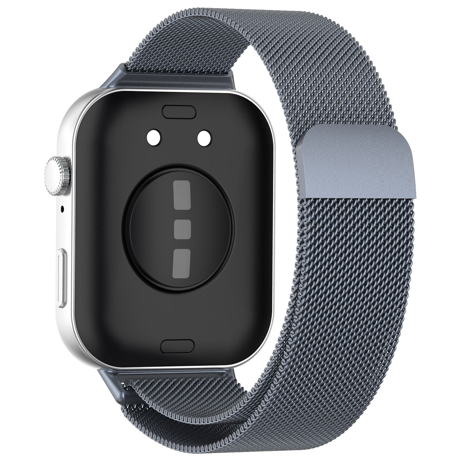 Smartwatch-Rückseite mit silbernem Rahmen und Armband.