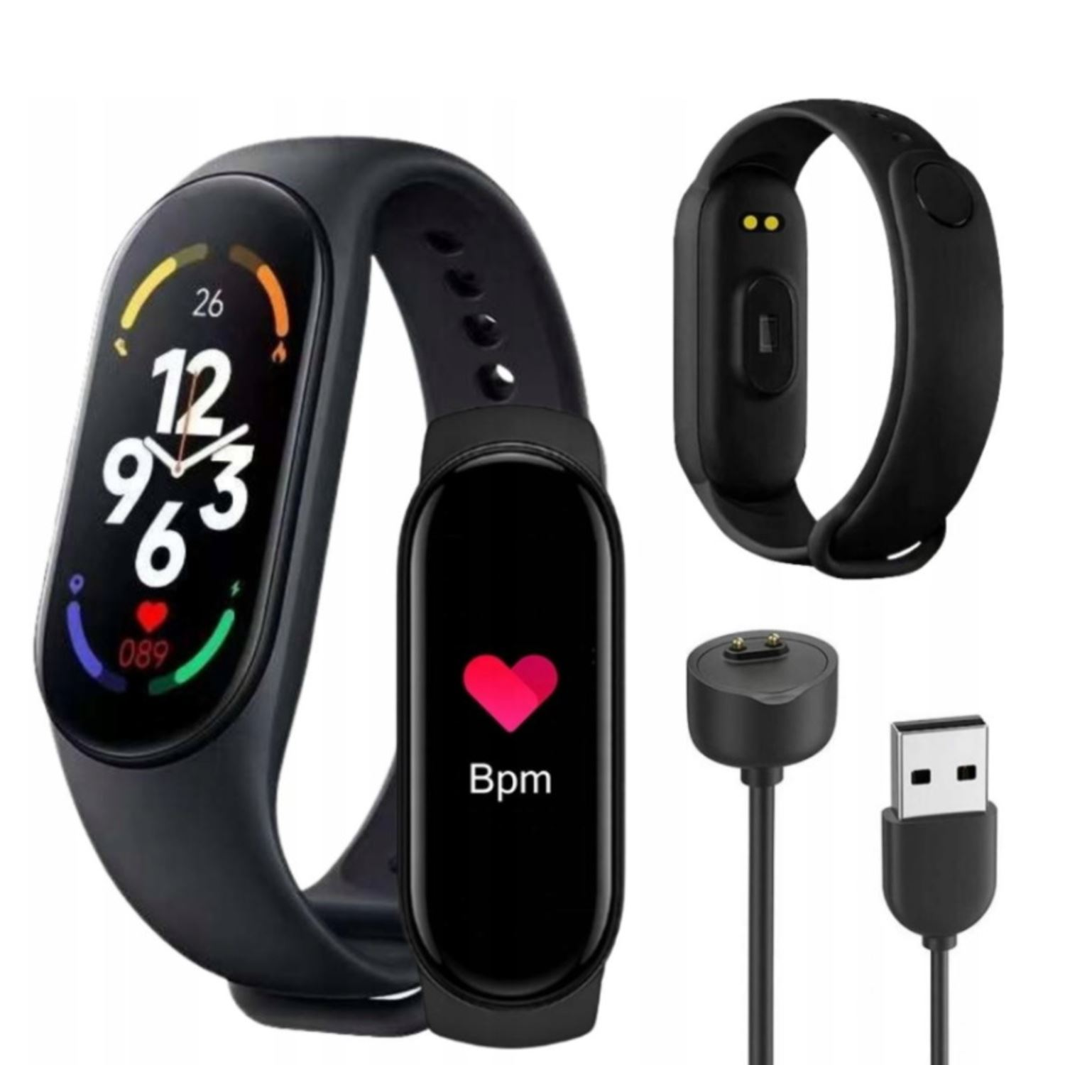 Smartwatch y cable de carga. Un smartwatch de banda negra muestra información. Se incluye una base de carga y cable.