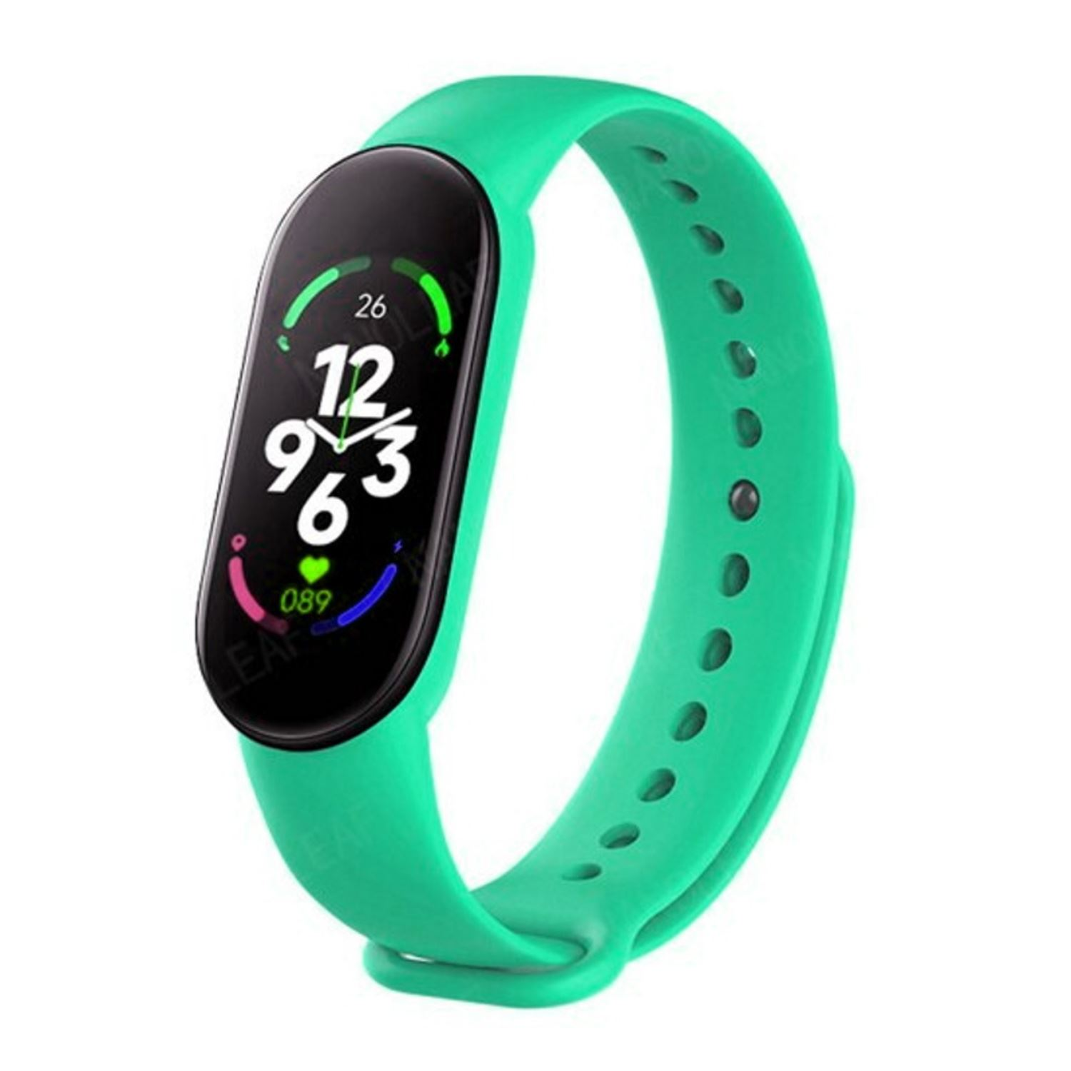 Banda inteligente verde con una pantalla negra que muestra la hora y métricas de salud, con fondo blanco.
