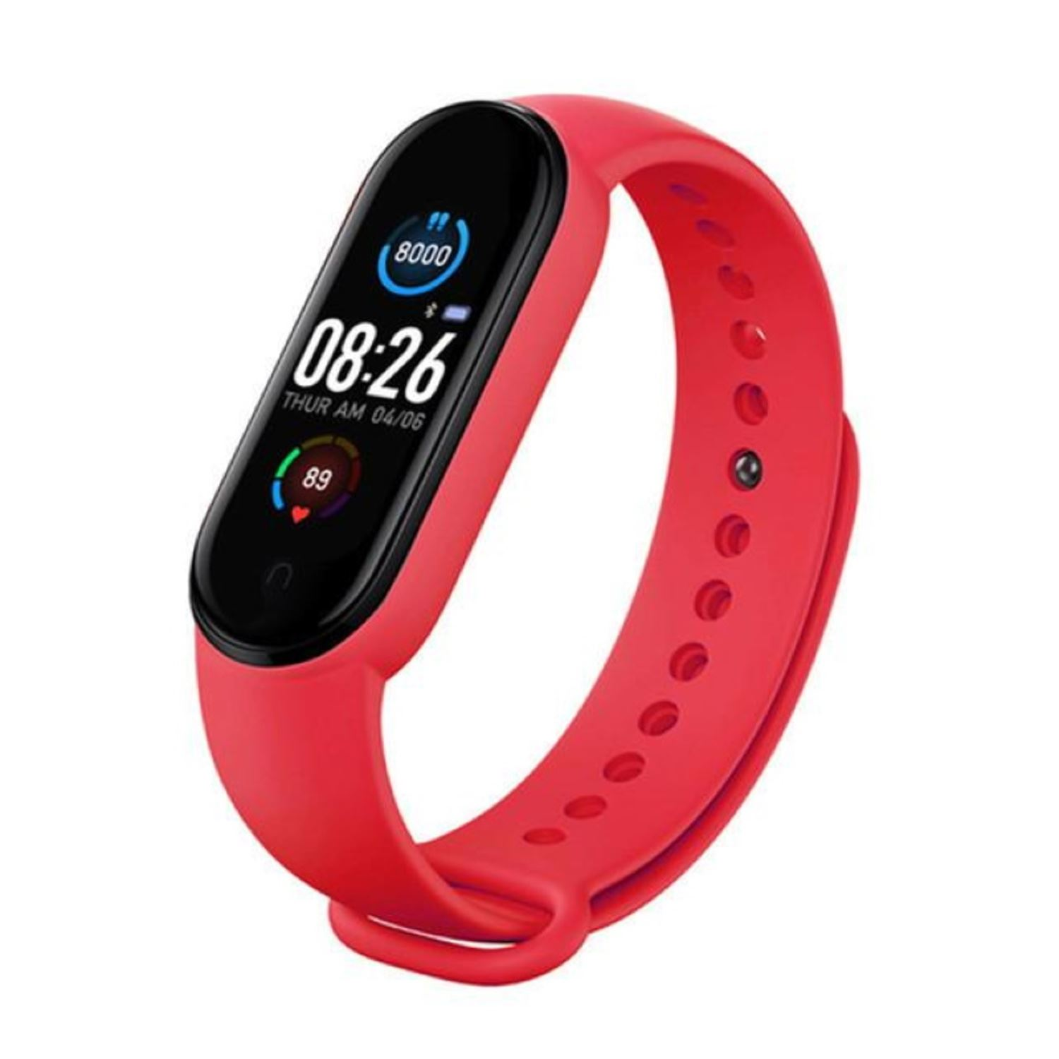 Un rastreador de fitness rojo con una pantalla negra que muestra la hora y las estadísticas. La banda es curva.