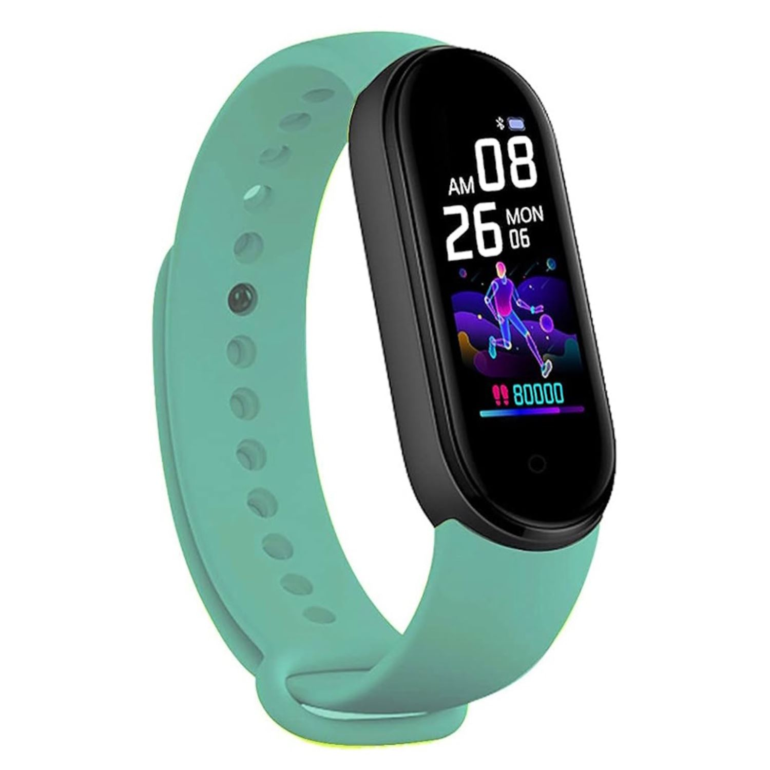 Reloj inteligente verde menta con pantalla negra, mostrando la hora y una figura corriendo.