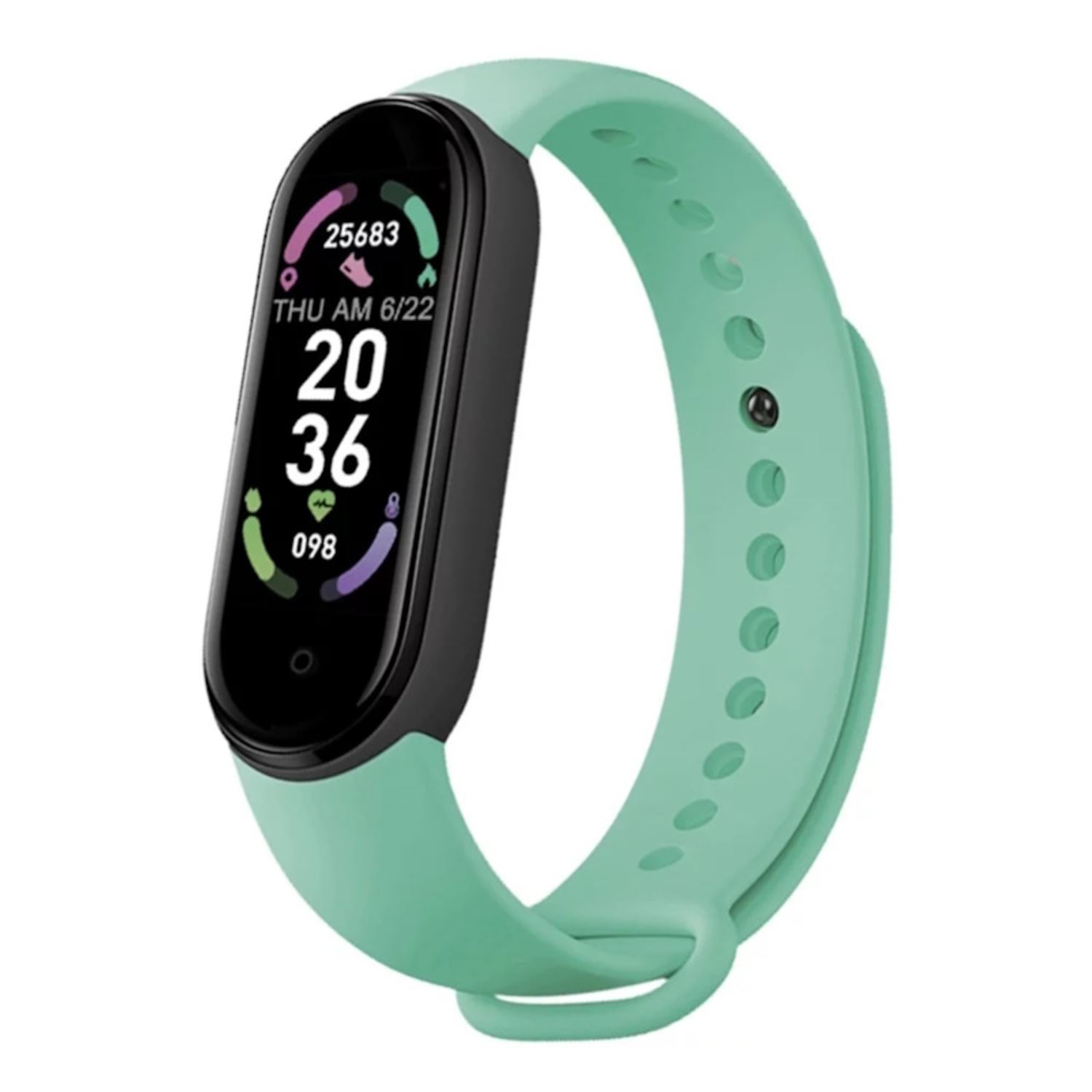 Smartwatch verde con esfera y correa negras. Muestra la hora y datos de salud.