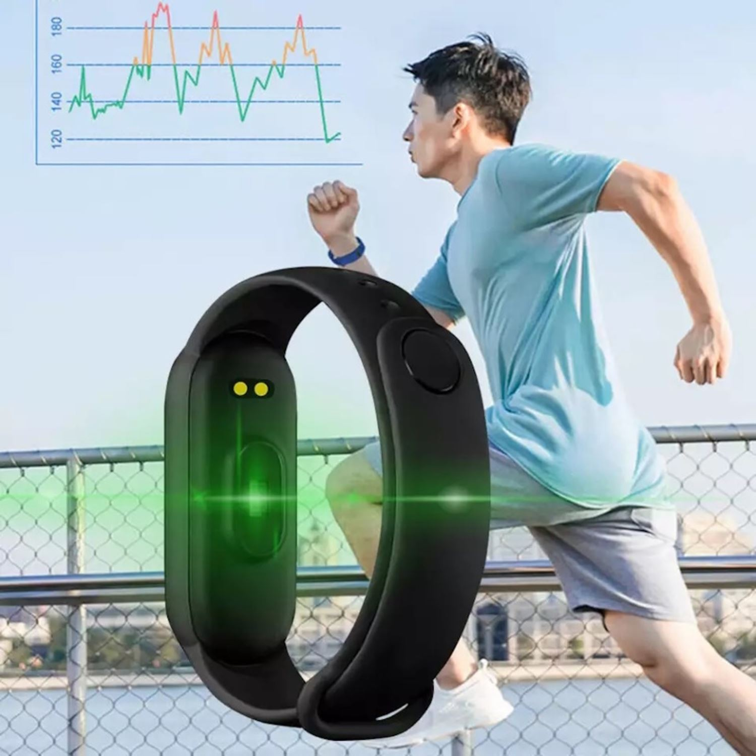 Hombre corriendo con pulsera de seguimiento deportivo negra, luz verde visible.