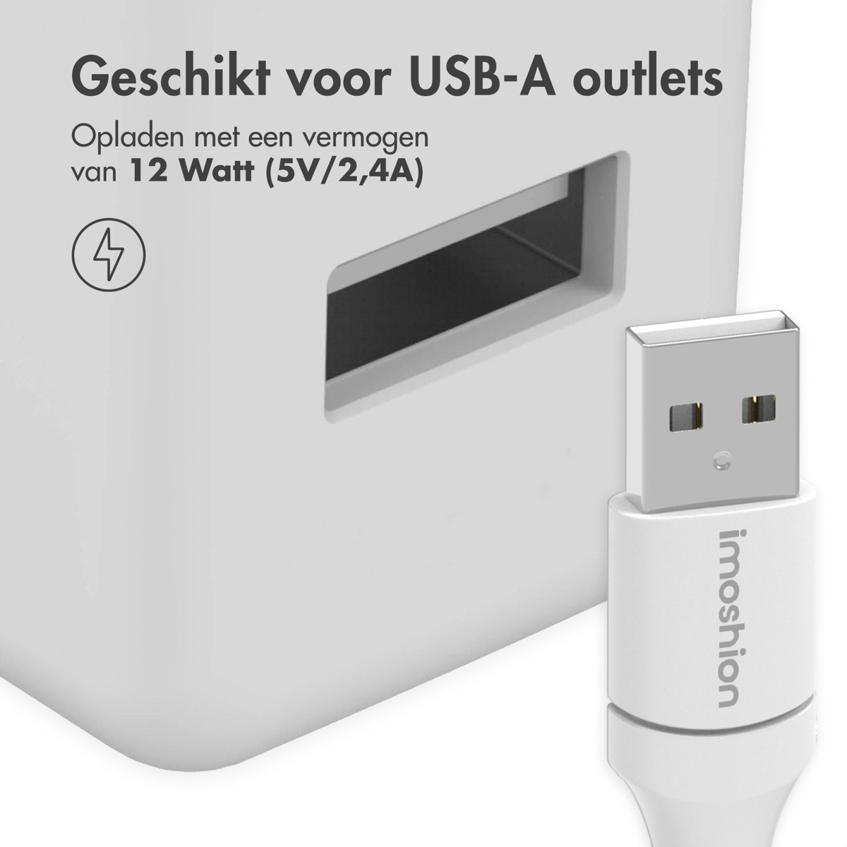 Un bloc de charge blanc avec un port USB-A et un câble de charge blanc attaché. Texte sur le bloc.