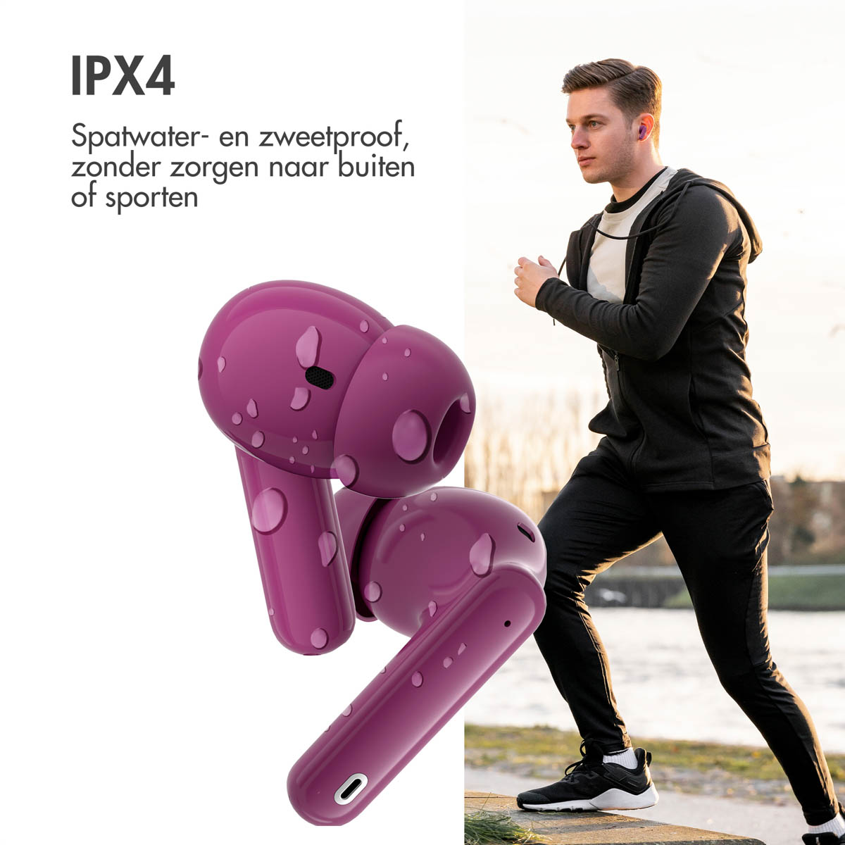 Purple earbuds with water droplets next to a man jogging outside.