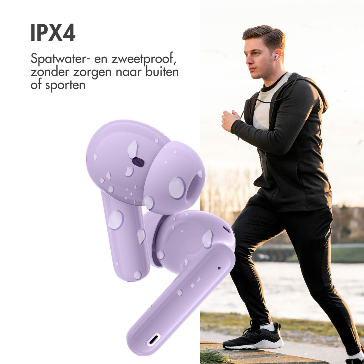 Two purple earbuds with water droplets. A man runs in the background.