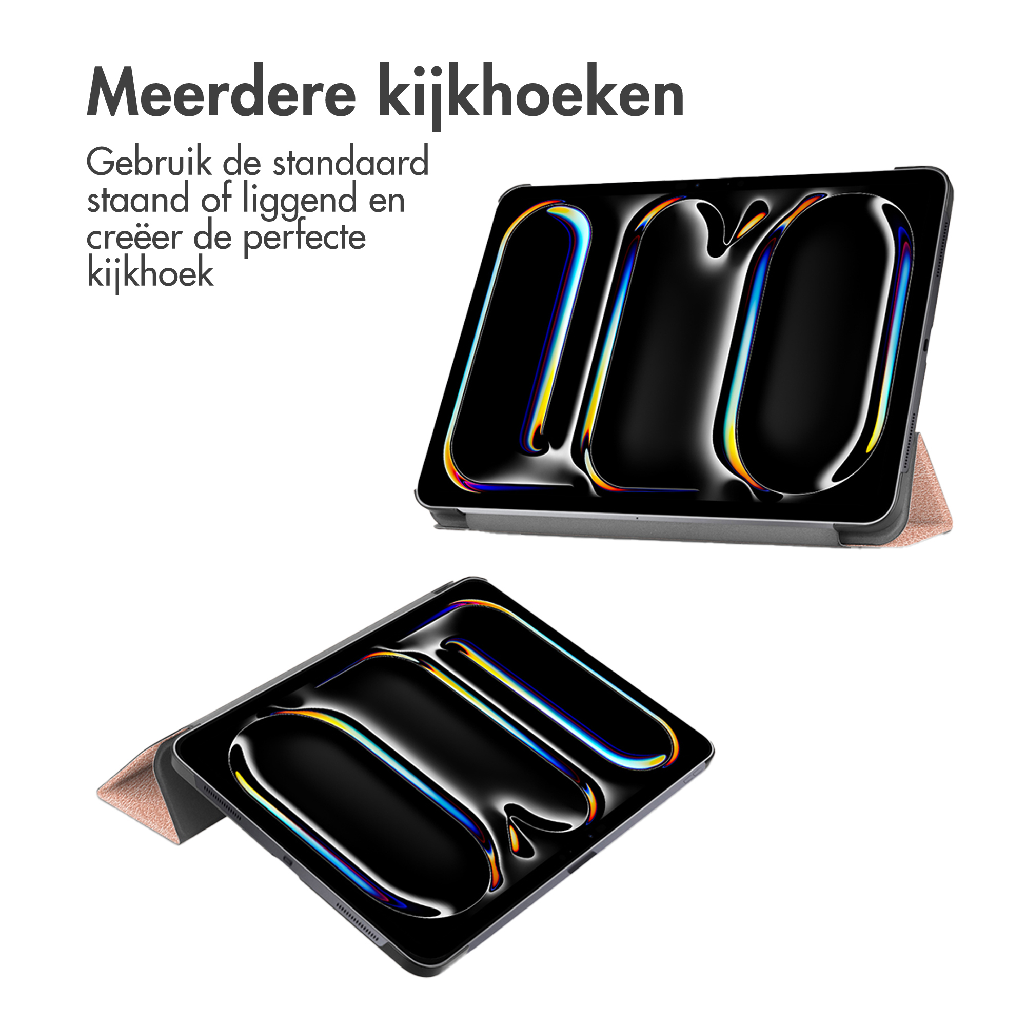 Two tablets in a case, offering multiple viewing angles. Text in Dutch.