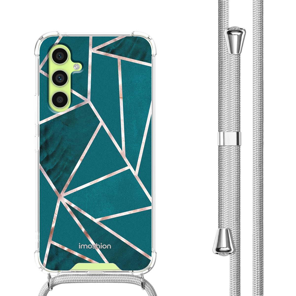 Een teal telefoonhoesje met geometrisch roségouden patroon en zilveren band.