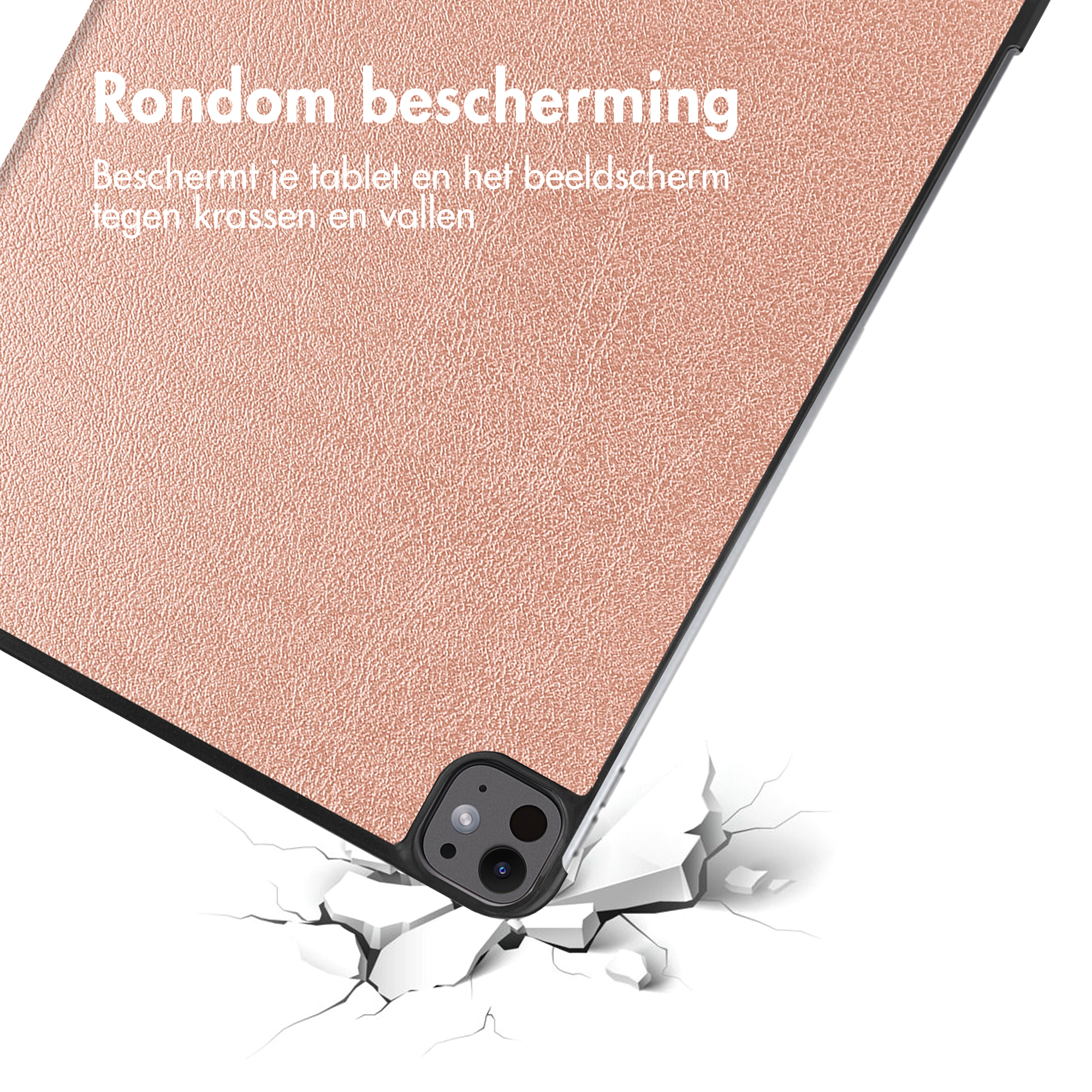 A tablet case, rose gold, protects a tablet from scratches and falls, shown with a cracked surface below.