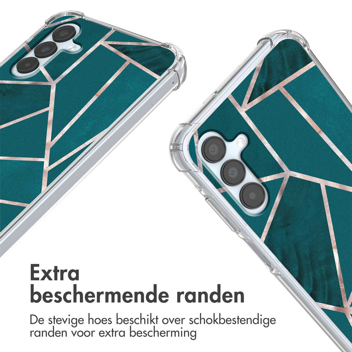 Groene telefoonhoes met geometrisch patroon en camera-eiland.