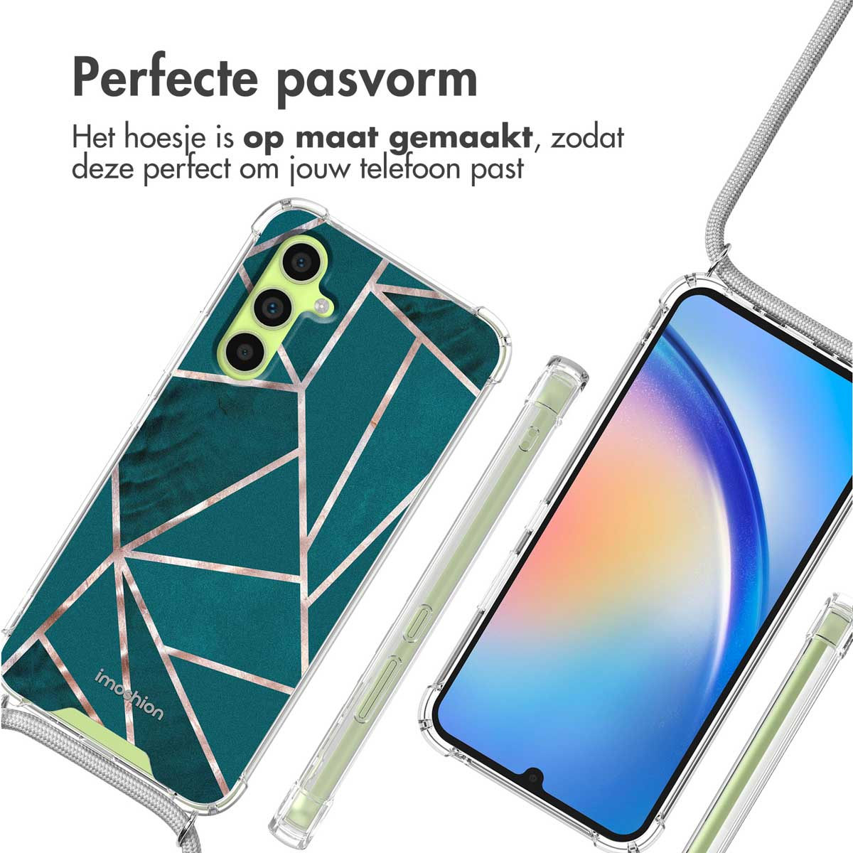 Groene telefoonhoes met geometrisch patroon en een telefoon.