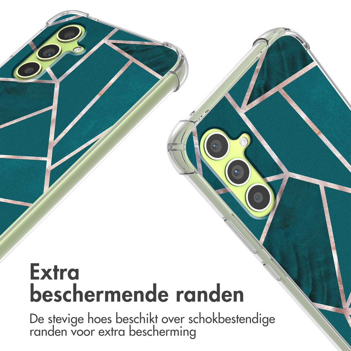 Een telefoonhoesje met geometrisch patroon in groenblauw en roségoud.