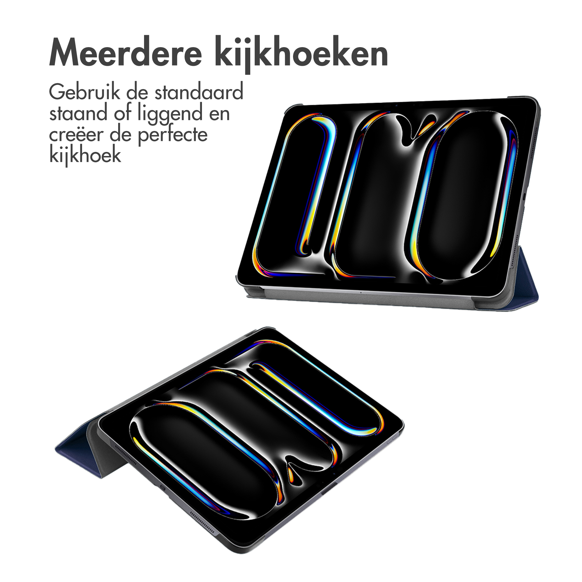 Two tablets in a case, offering multiple viewing angles. Text in Dutch.