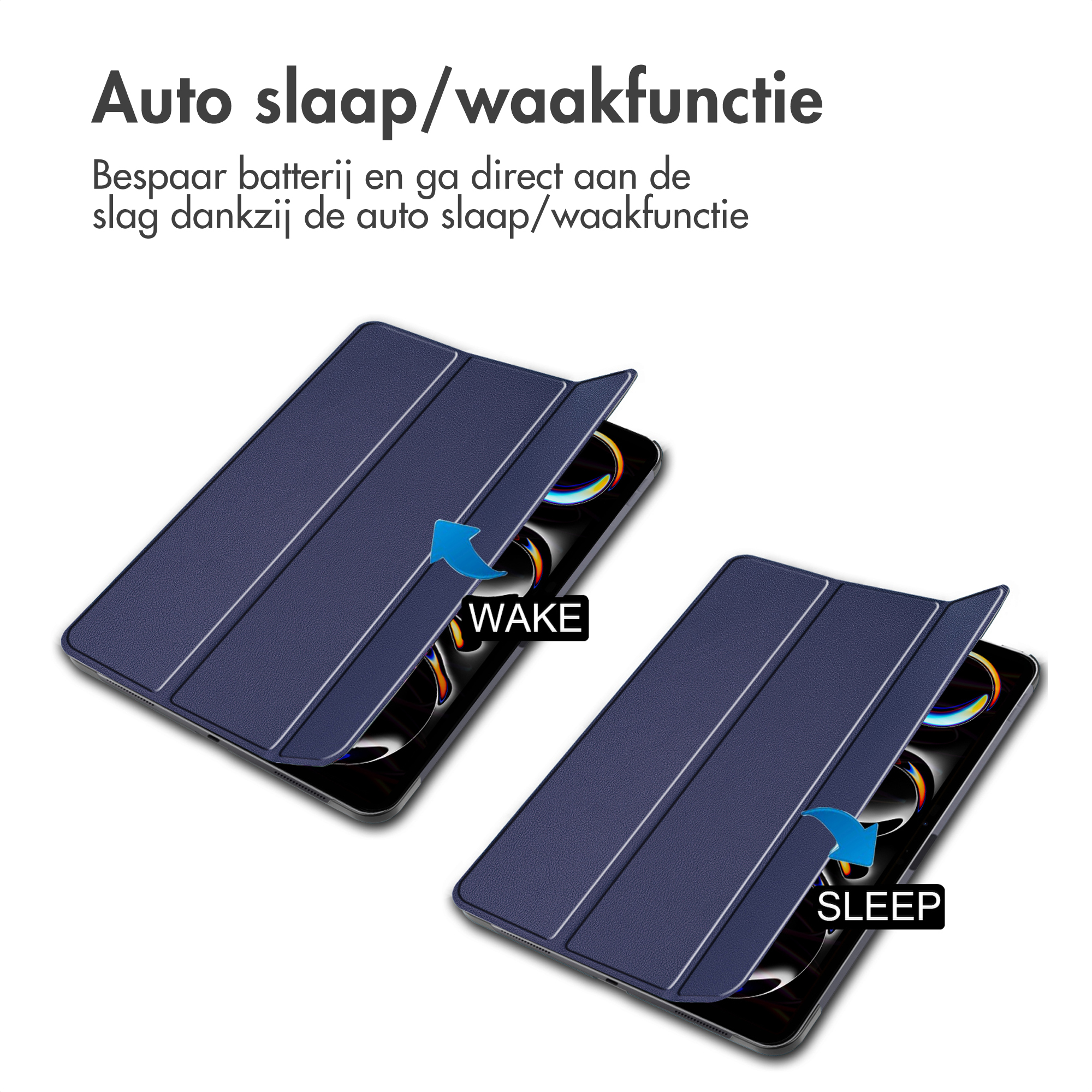 Two smartphone cases with a cover in the opened and closed positions, with blue arrows.