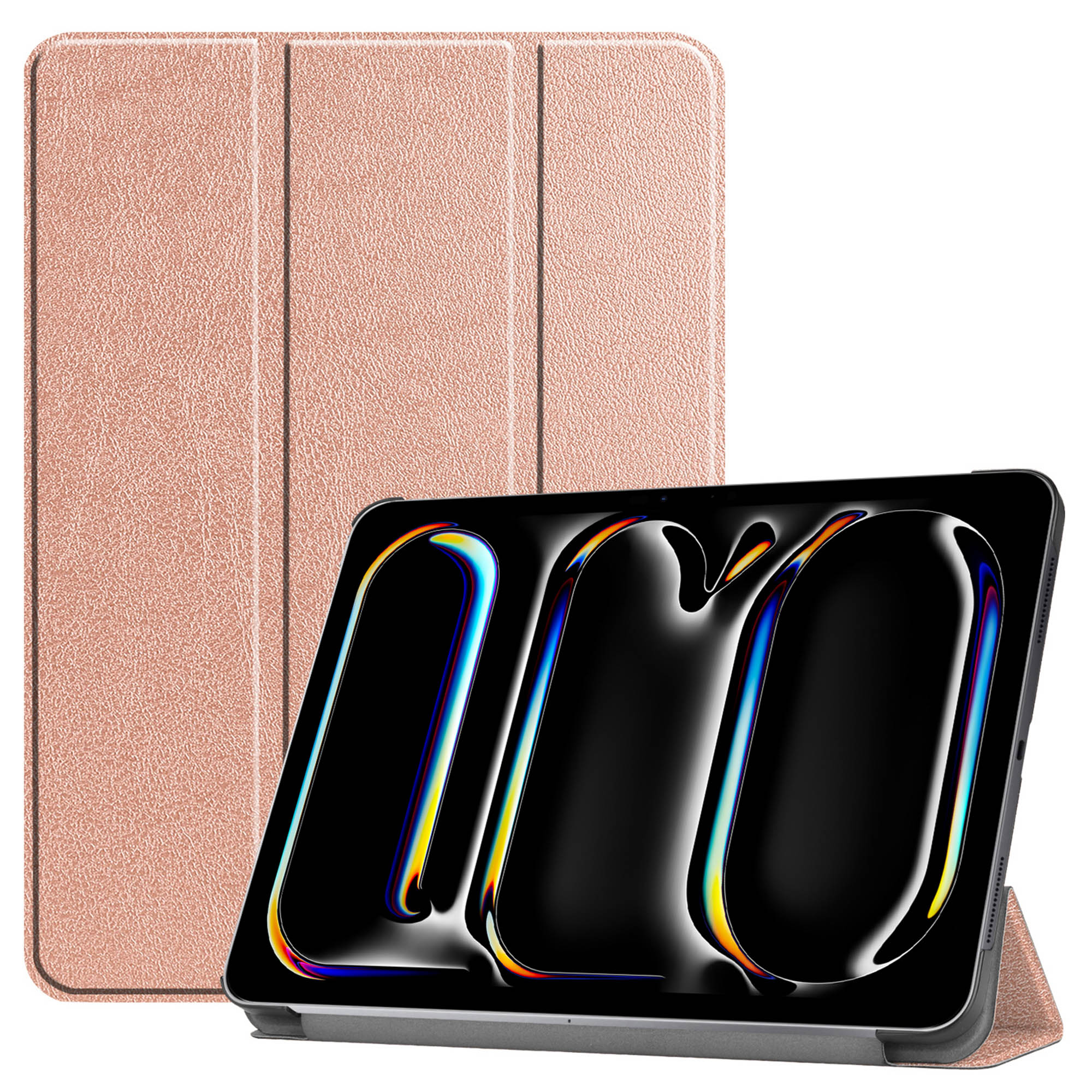 Une tablette sur un support avec une coque or rose, affichant l'écran de la tablette.