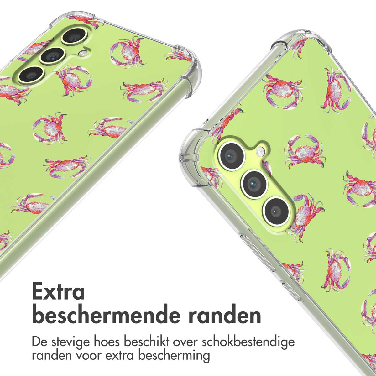 Coque de téléphone vert clair à motif de crabe et coins transparents.