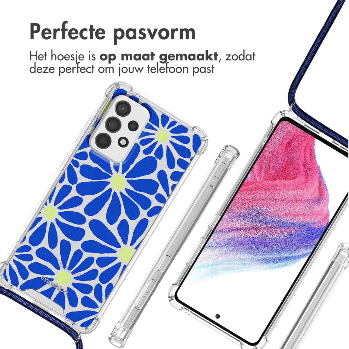 Een telefoonhoesje met blauw bloemenpatroon ligt naast een mobiele telefoon.