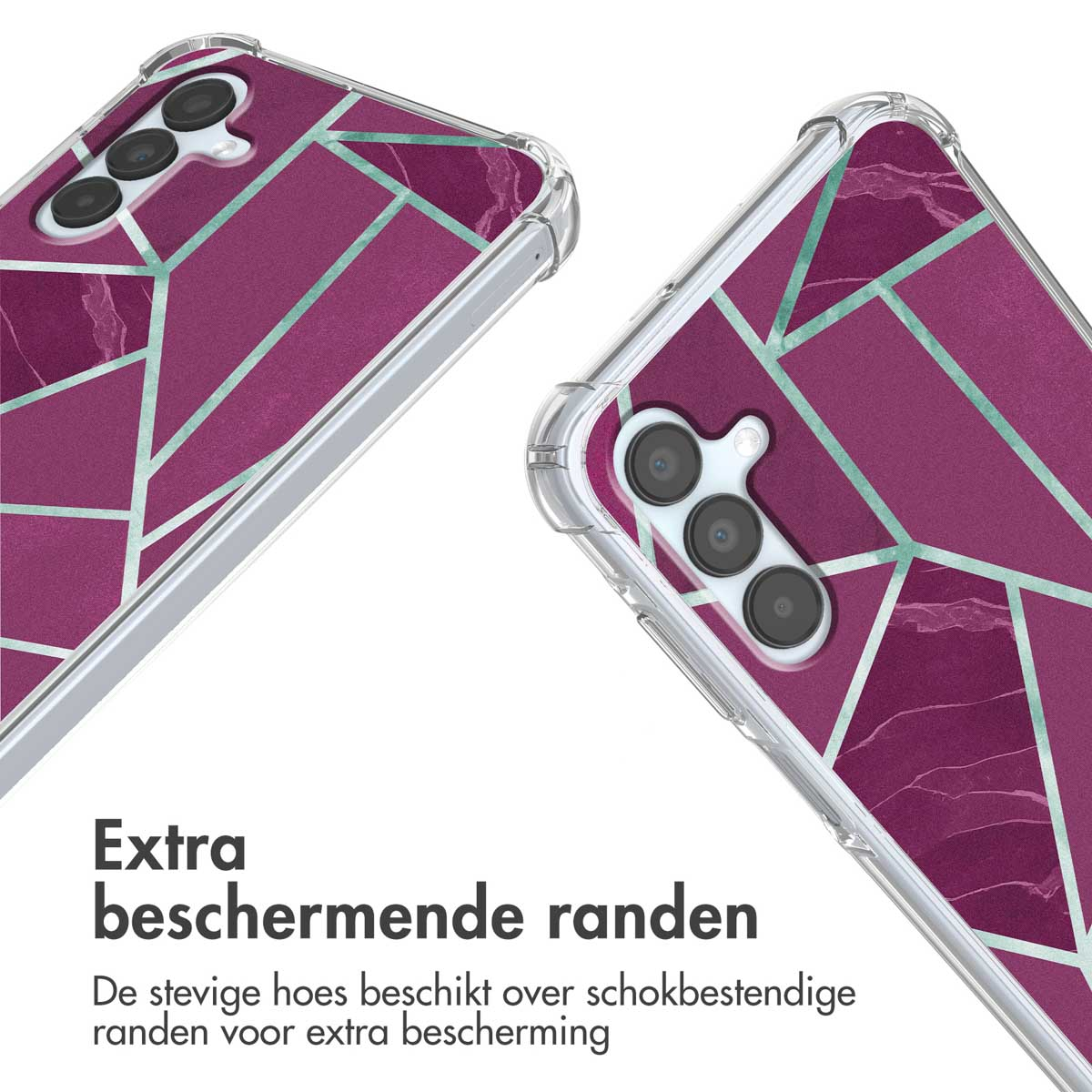 Paarse telefoonhoes met geometrisch marmerpatroon en verstevigde randen.
