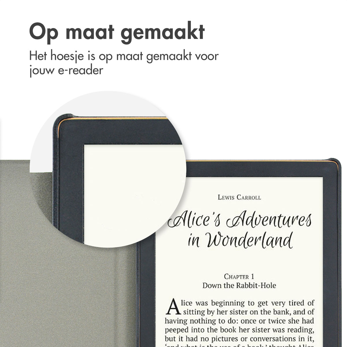 E-reader met een open boek, tekst tonend. Tekst: 'Alice in Wonderland'. In een hoes.