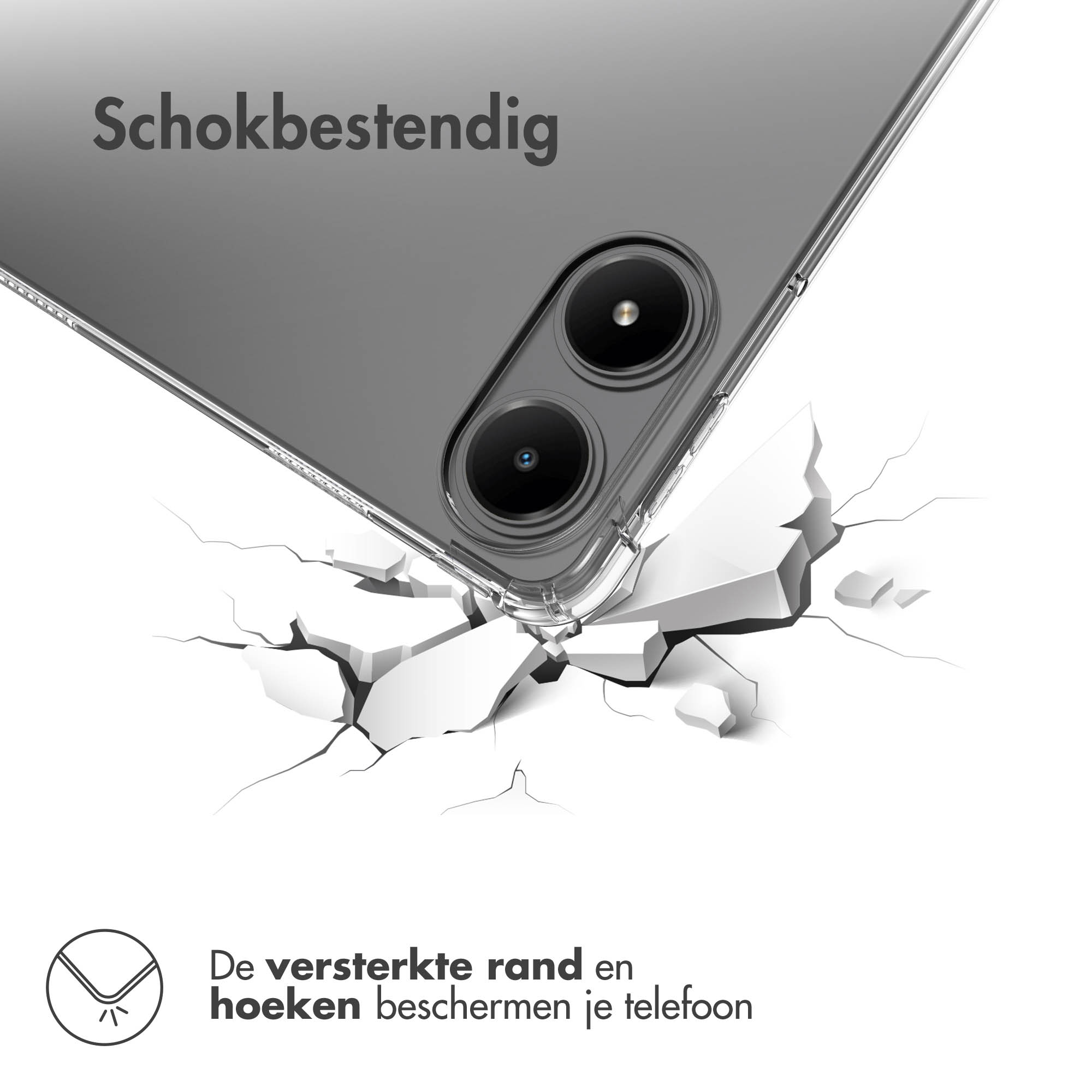 Phone in a clear case, falling onto cracked surface. Case corners are reinforced for protection.