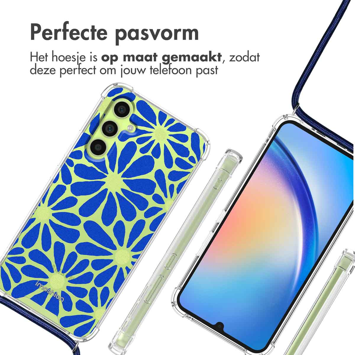 Transparante telefoonhoes met blauw bloemenpatroon op groen, en een smartphone.