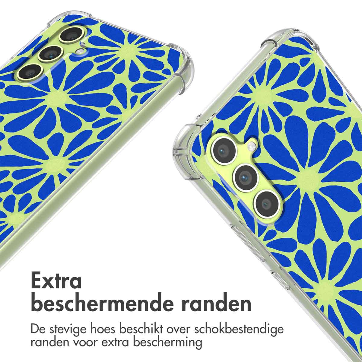 Twee telefoonhoesjes met blauw bloemenpatroon op lichtgroene achtergrond.