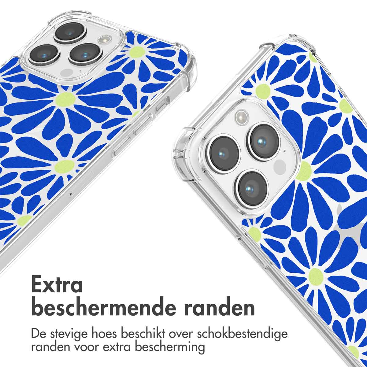 Coque de téléphone transparente avec motif floral bleu et vert et découpe caméra.
