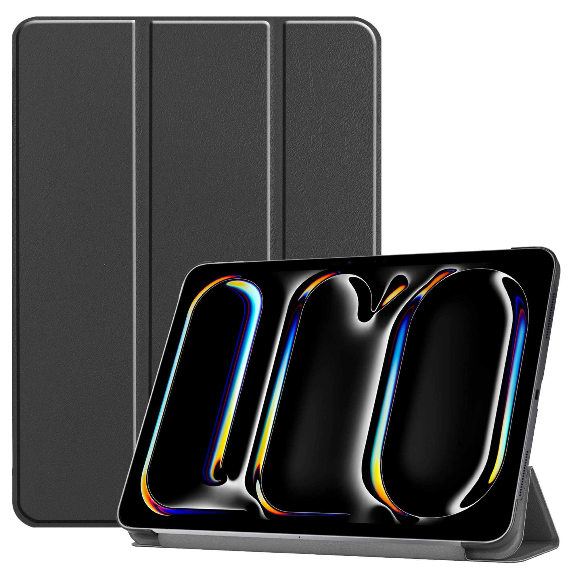 Zwarte tablet met een beschermhoes, toont een scherm met een kleurrijk logo.