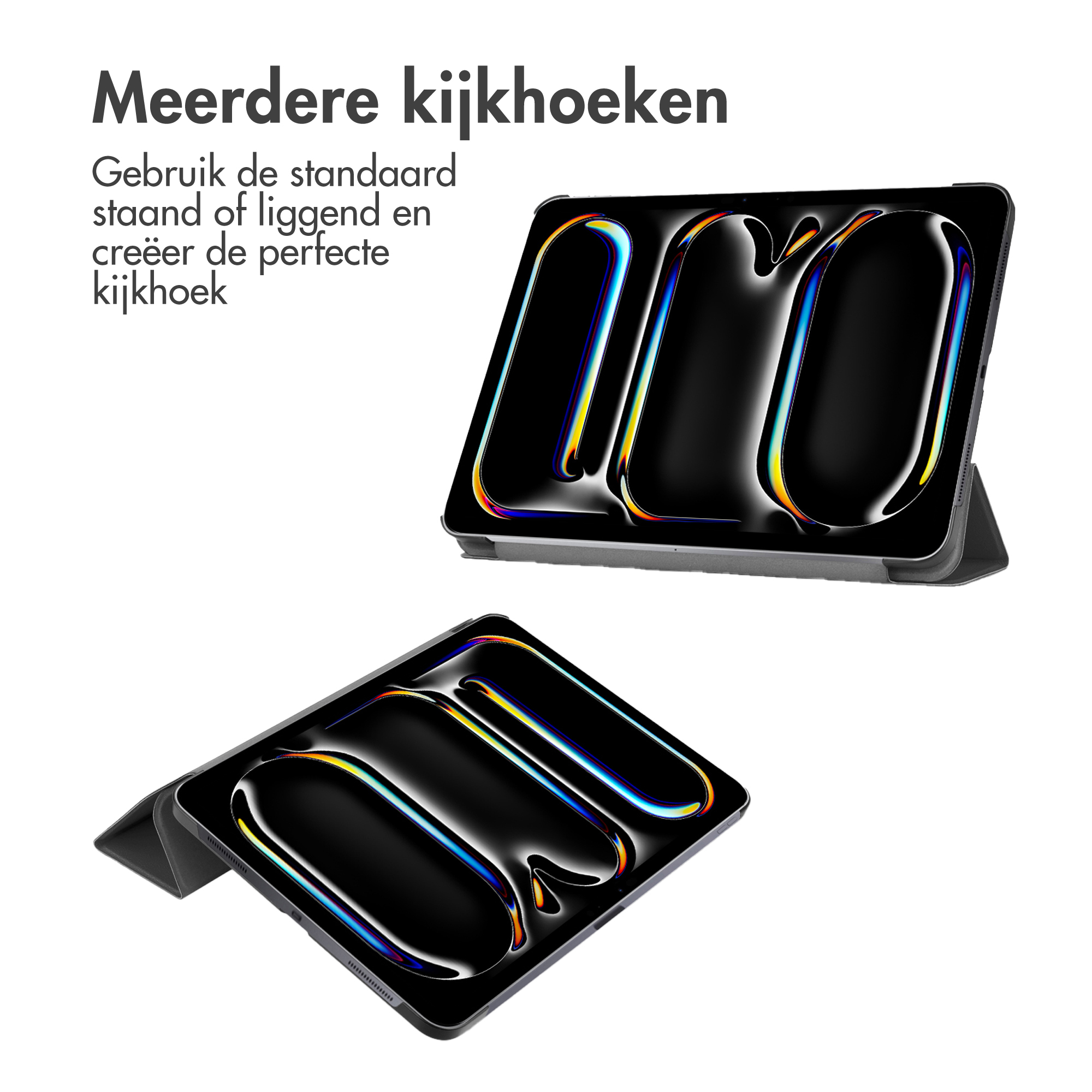 Twee zwarte iPad-achtige apparaten in hoesjes. Eén is open en toont een scherm.