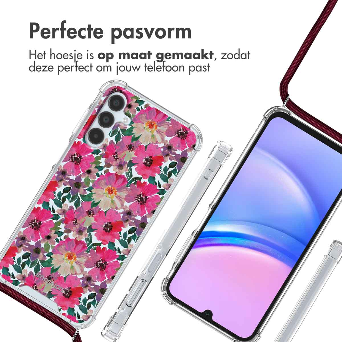 Transparante hoes met roze bloemenprint, naast een smartphone.