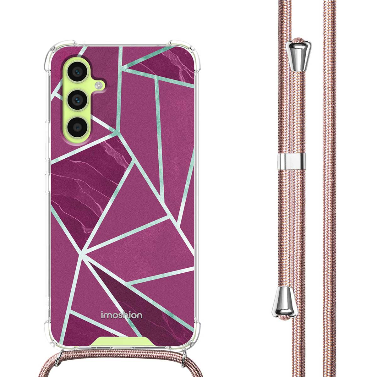 Een roze telefoonhoes met geometrisch patroon en koord.