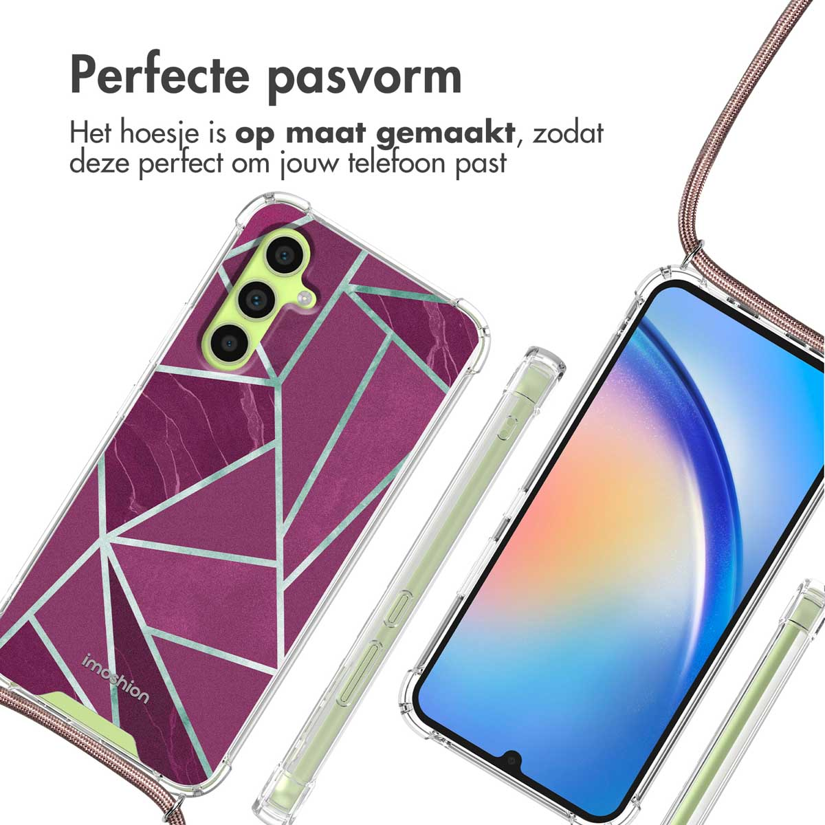 Een paarse telefoonhoes met geometrisch patroon en een smartphone.