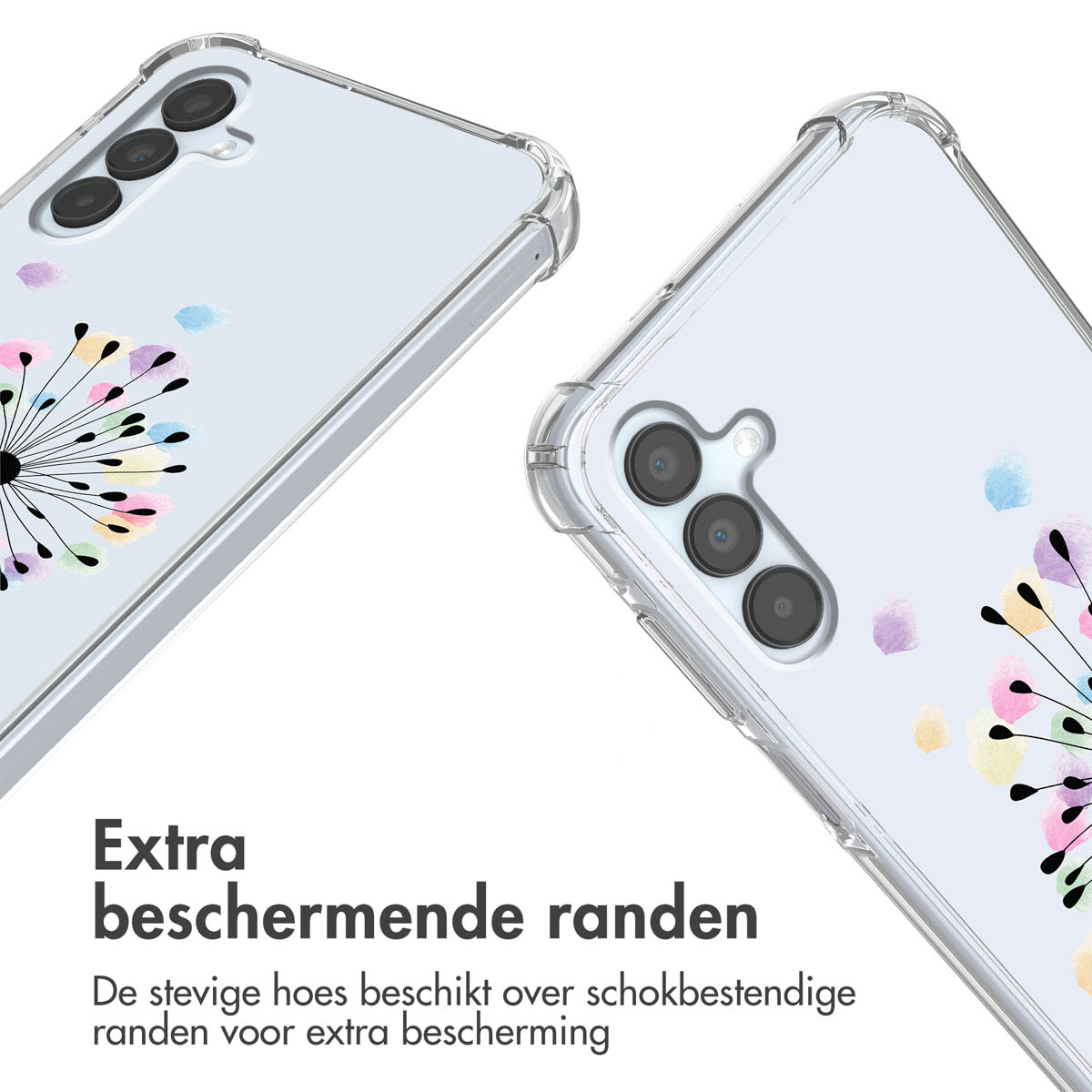 Transparante telefoonhoes met kleurrijk paardenbloemmotief en verstevigde hoeken.