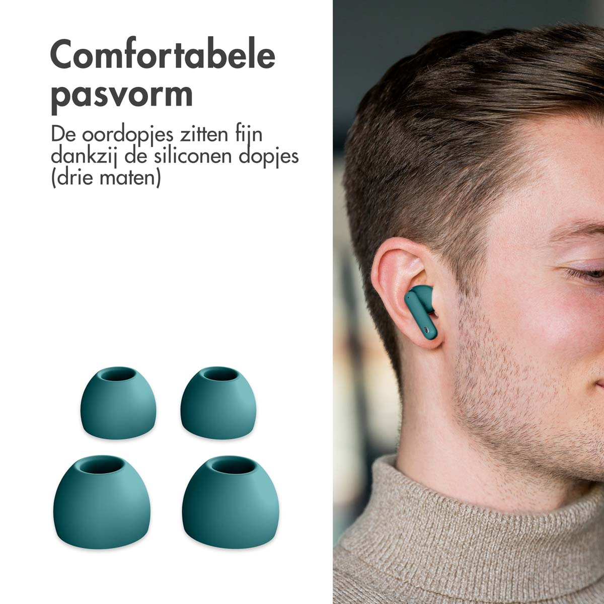 Earbuds and ear tips. Shows teal ear tips, one in the ear of a man.
