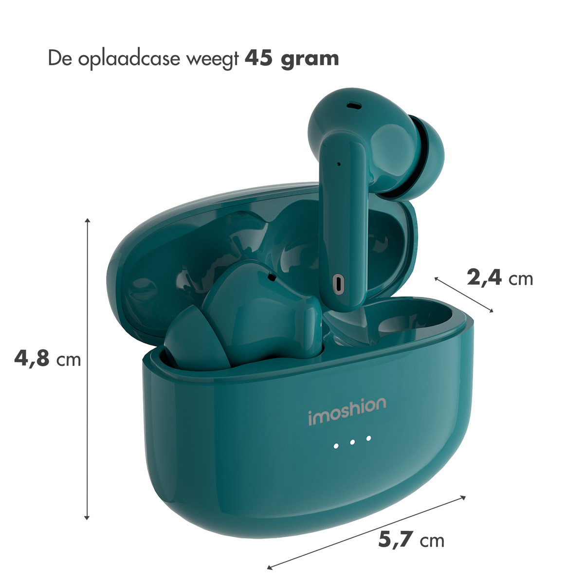 Teal-colored earbuds and charging case. Case is open, showing earbuds inside. Dimensions are given.