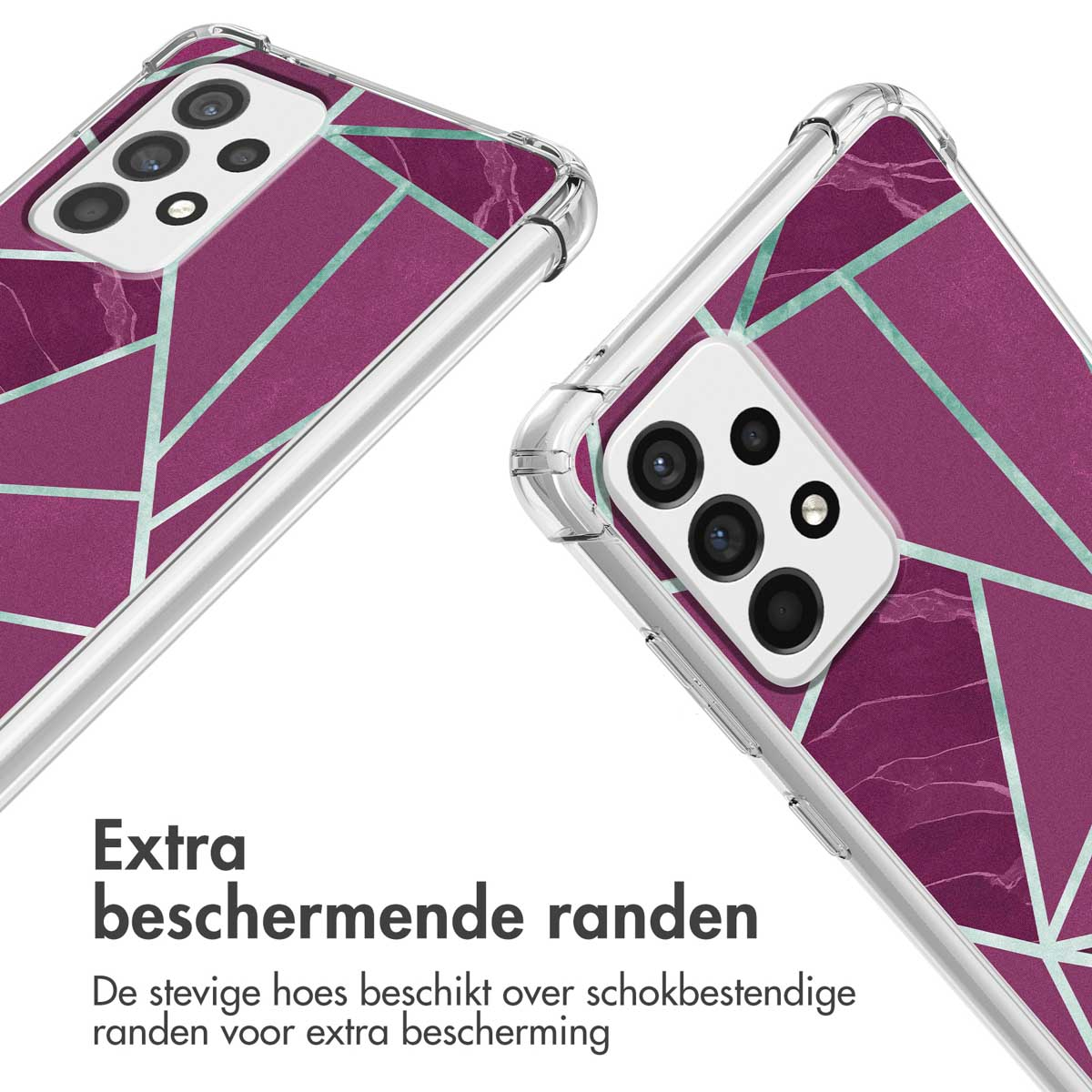 Paarse marmeren telefoonhoes met geometrische lijnen en camera-uitsparing.