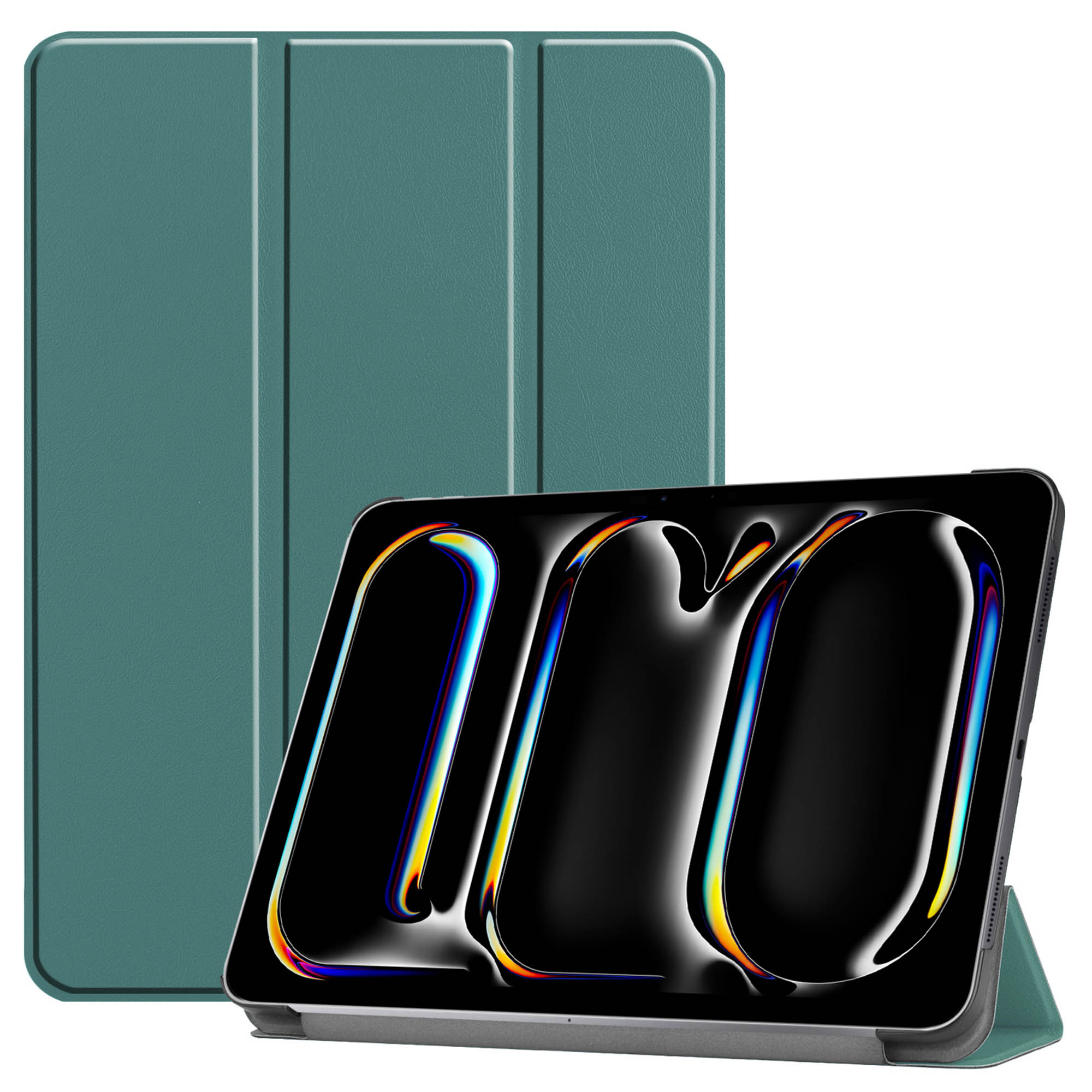 Een tablet met een hoes en een groene cover. Het scherm toont abstracte kunst.