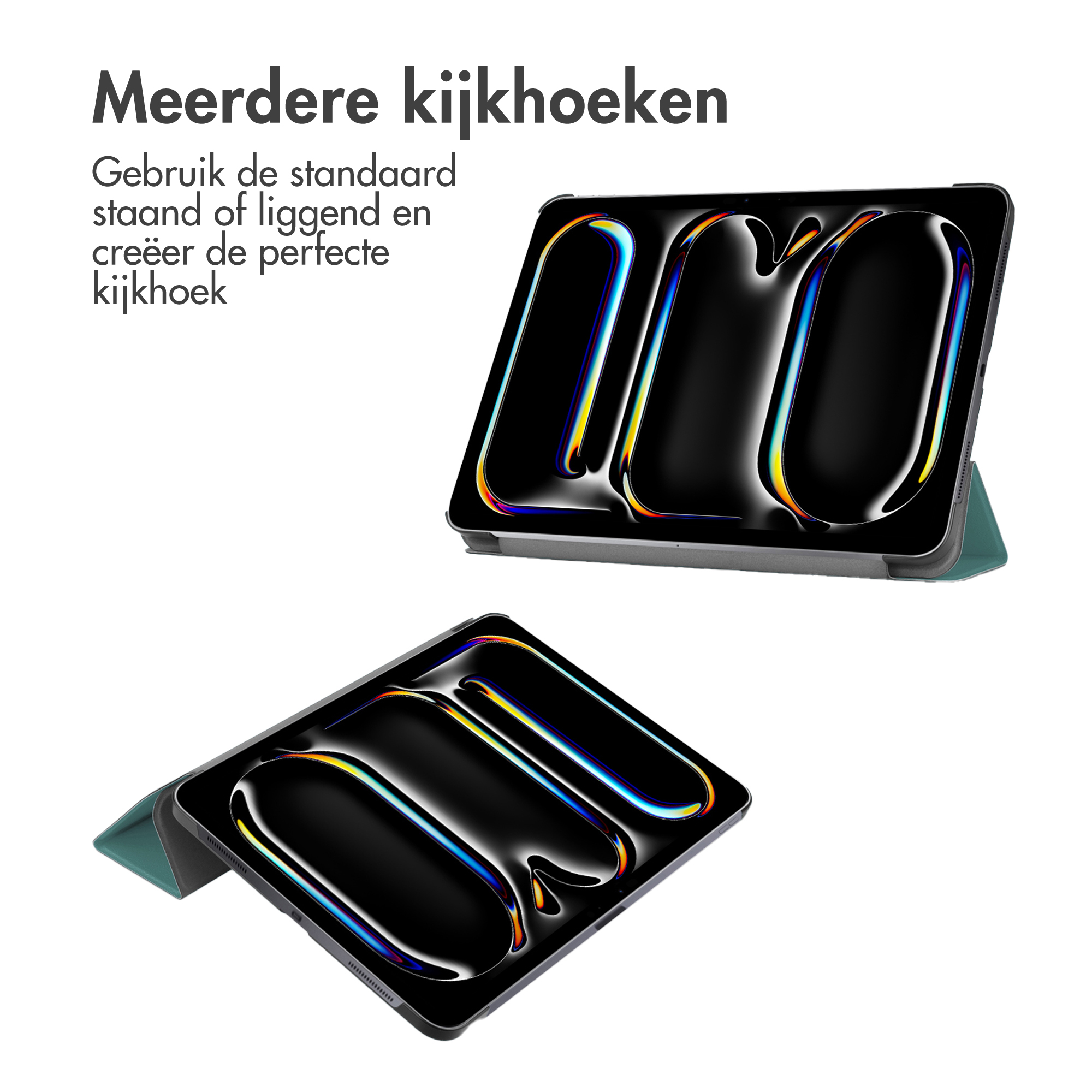 Twee tablets in hoesjes, die verschillende kijkhoeken tonen. Eén is open, één gesloten.