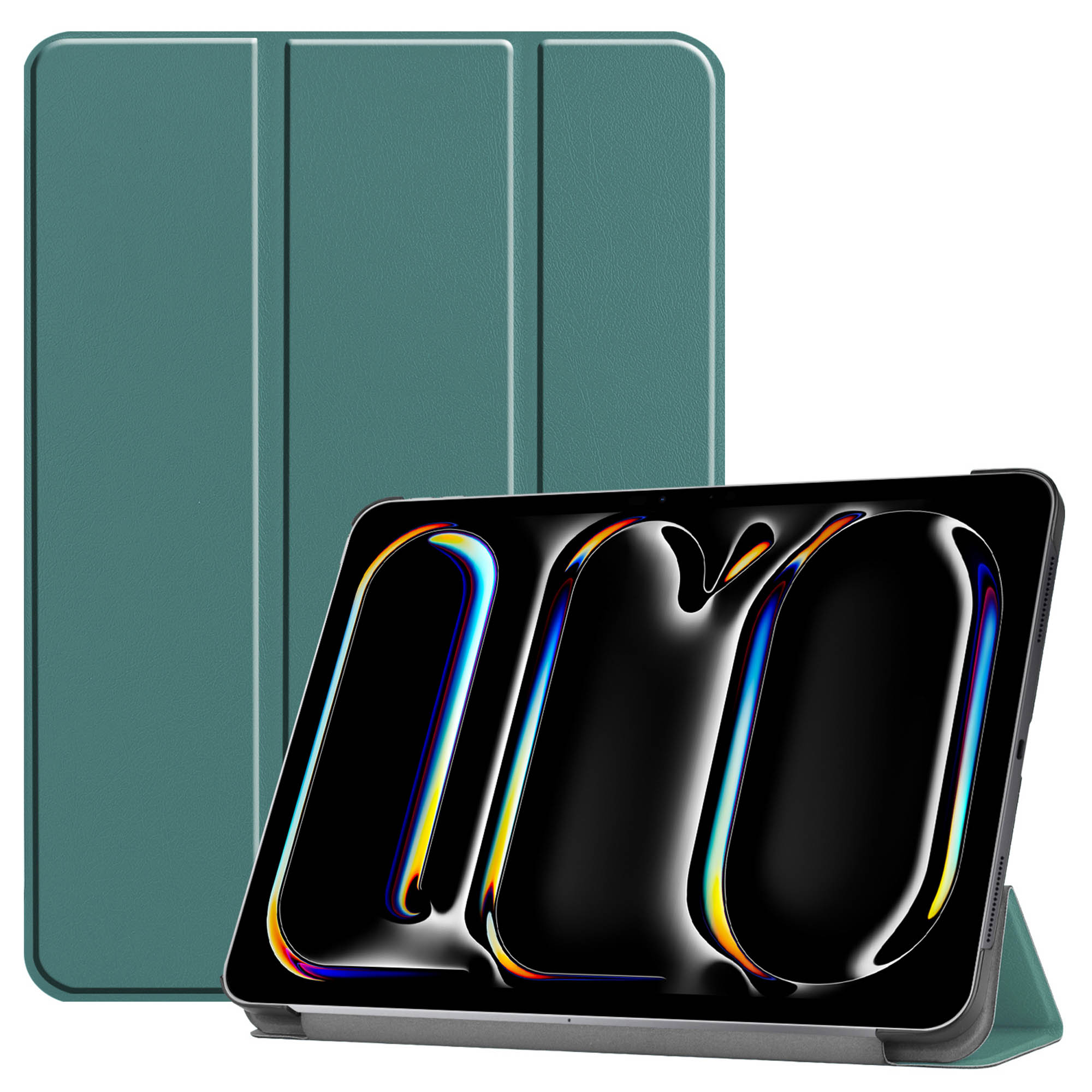 Tablet with a teal case. Tablet showing a colorful screen. White background.