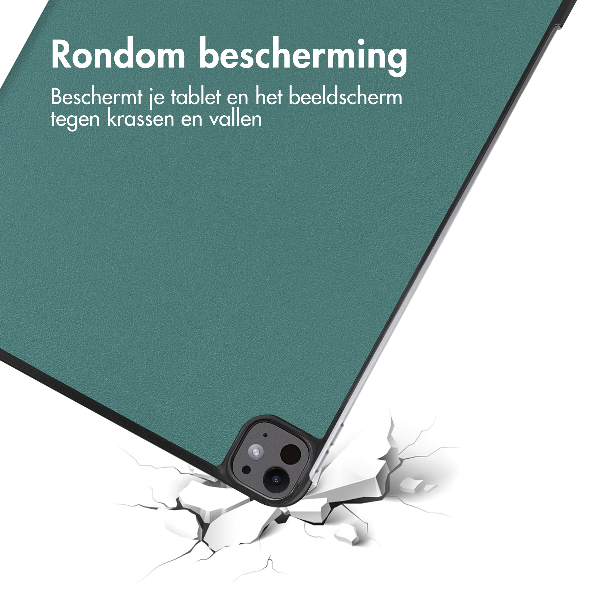 Tablet case hitting a surface, causing cracks. Text: all-around protection.